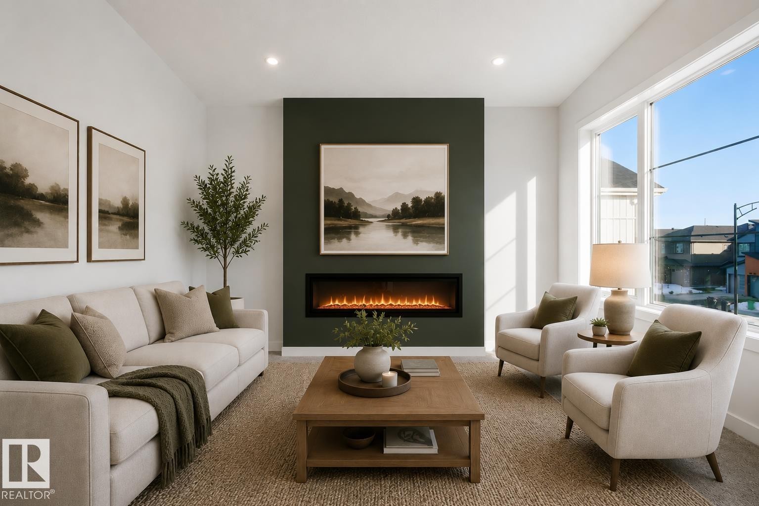 Accent wall with an integrated linear fireplace, large windows, recessed lighting, and wood-finish flooring - 17108 2 Street, Edmonton, AB - Indoor Photo Showing Living Room With Fireplace