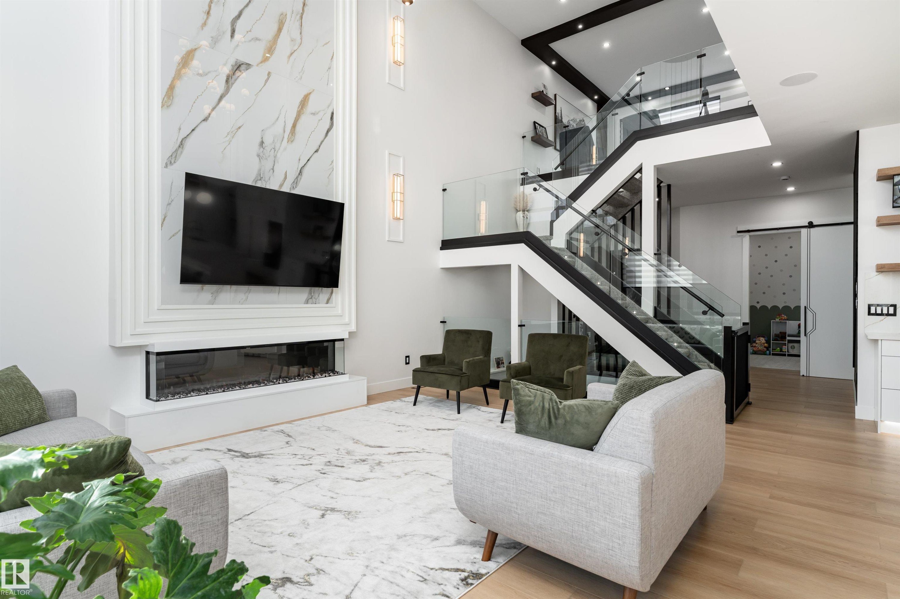 16511 8 Street, Edmonton, AB - Indoor Photo Showing Living Room With Fireplace