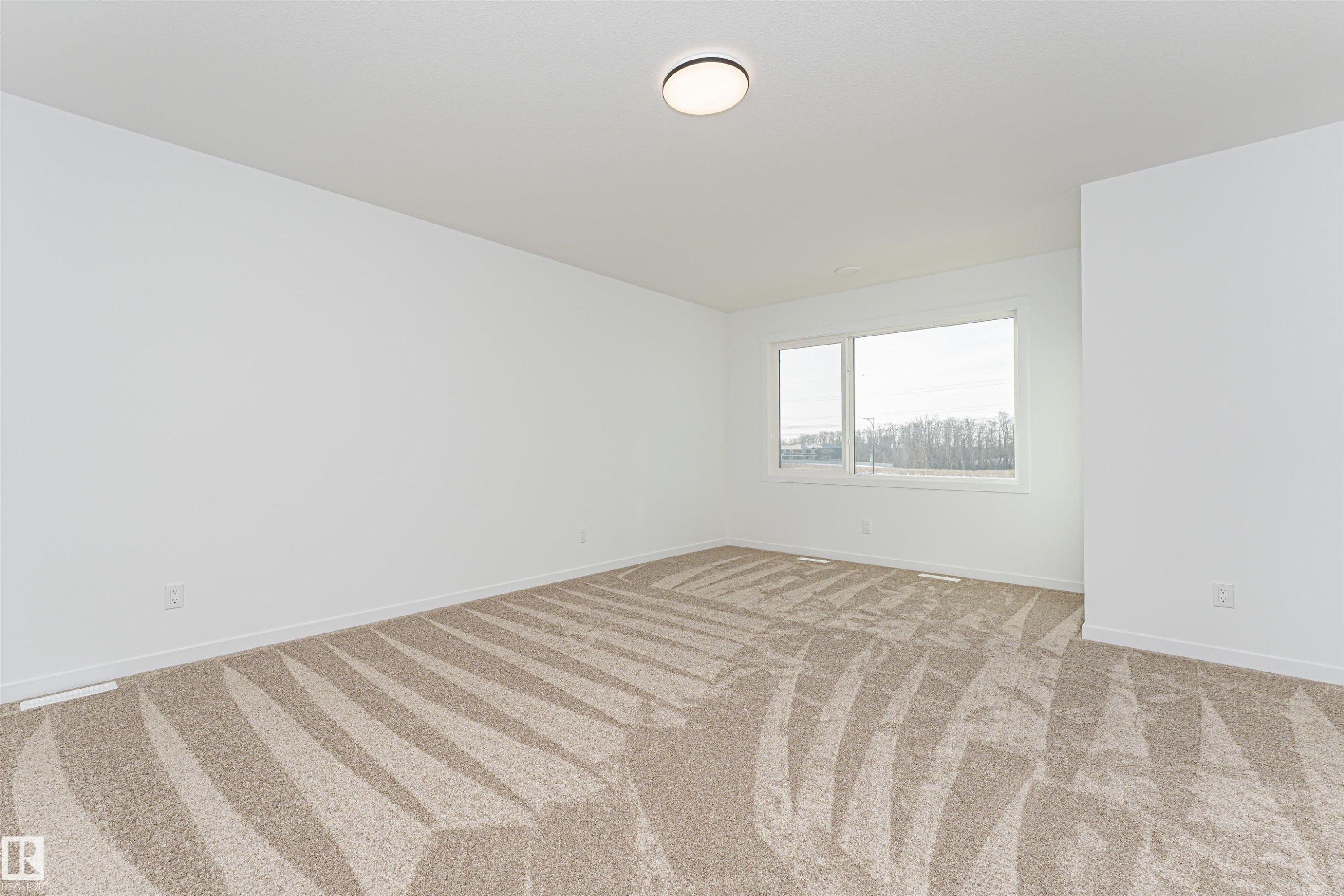 This room features neutral-toned patterned carpeting, a large window providing natural light, and a ceiling-mounted light fixture - 2355 Egret Way, Edmonton, AB - Indoor Photo Showing Other Room
