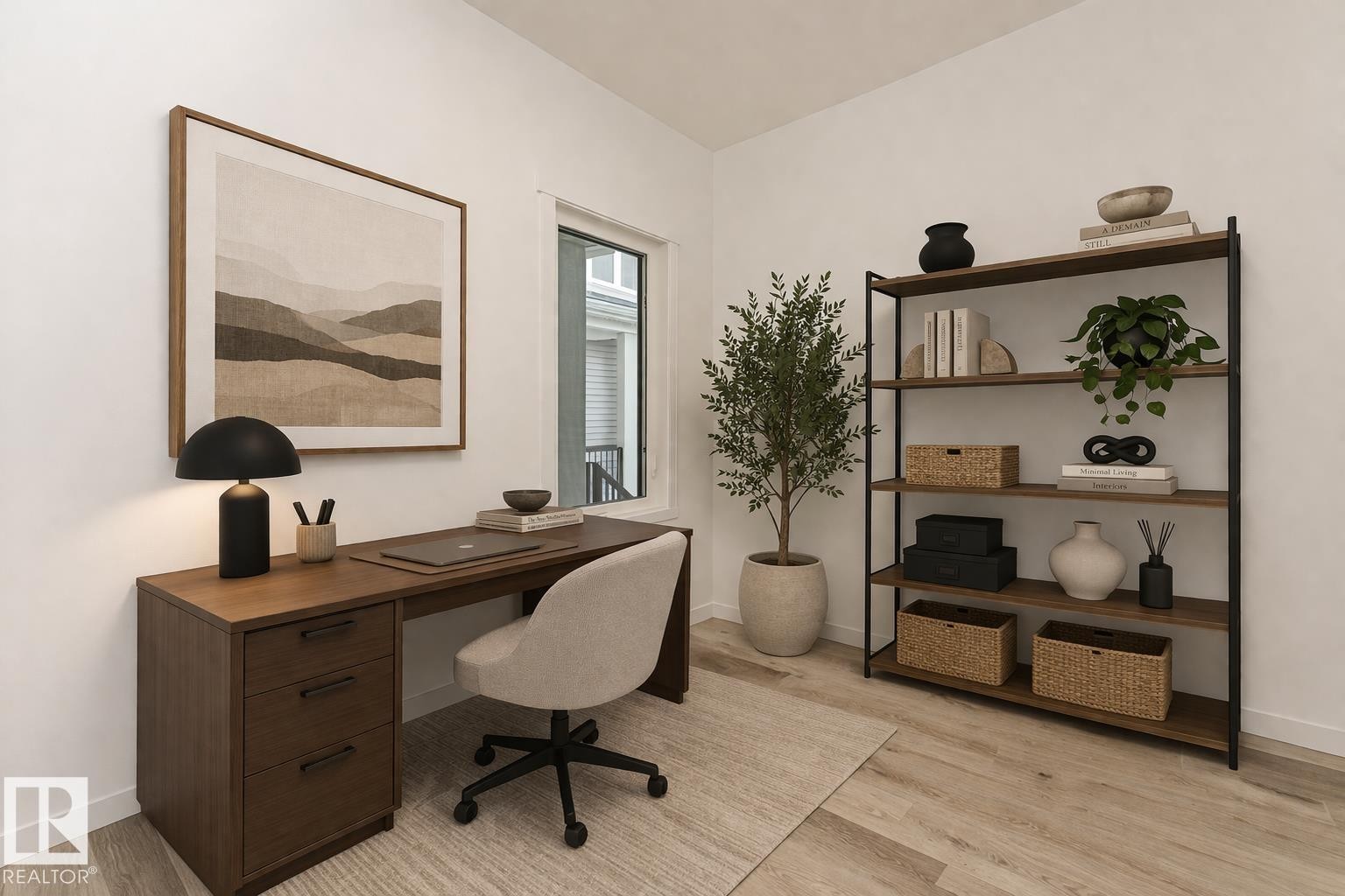 This room features light-colored flooring, a window providing natural light, and a dedicated workspace with a desk and shelving unit - 2355 Egret Way, Edmonton, AB - Indoor