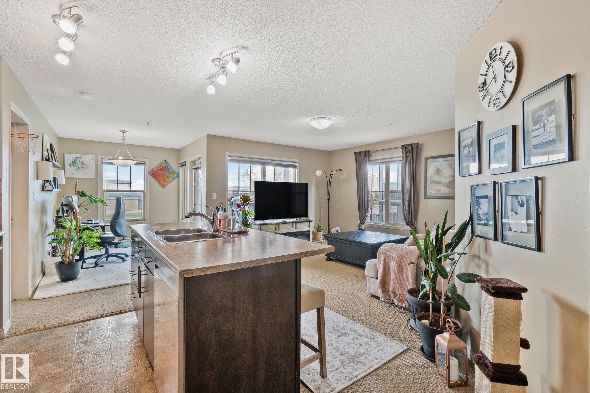 Open-concept living area featuring a kitchen island with dual sinks, overhead track lighting, beige carpeting, and multiple windows providing natural light - 206 103 Ambleside Drive, Edmonton, AB - Indoor
