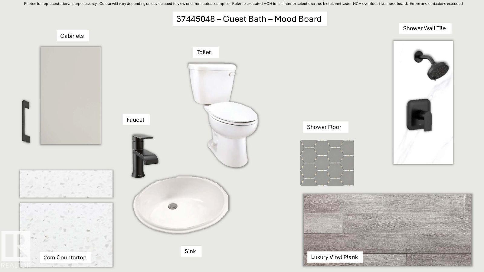 Guest Bath Mood Board. Presenting material and fixture selections for the property's guest bathroom - 20512 15 Avenue, Edmonton, AB - Other