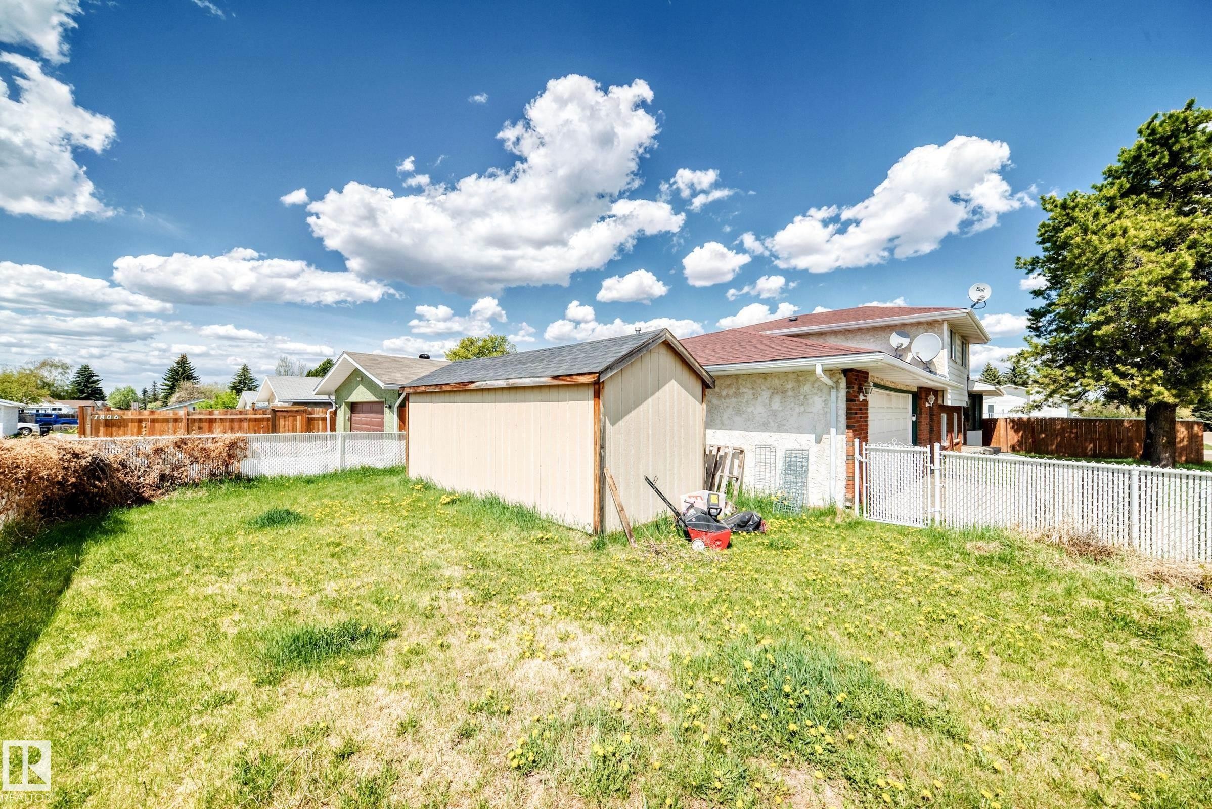 Expansive green space featuring a storage shed with a shingled roof, chain link fencing, a mature tree, and a stucco-exterior residence - 1804 51 Street Nw, Edmonton, AB - Outdoor