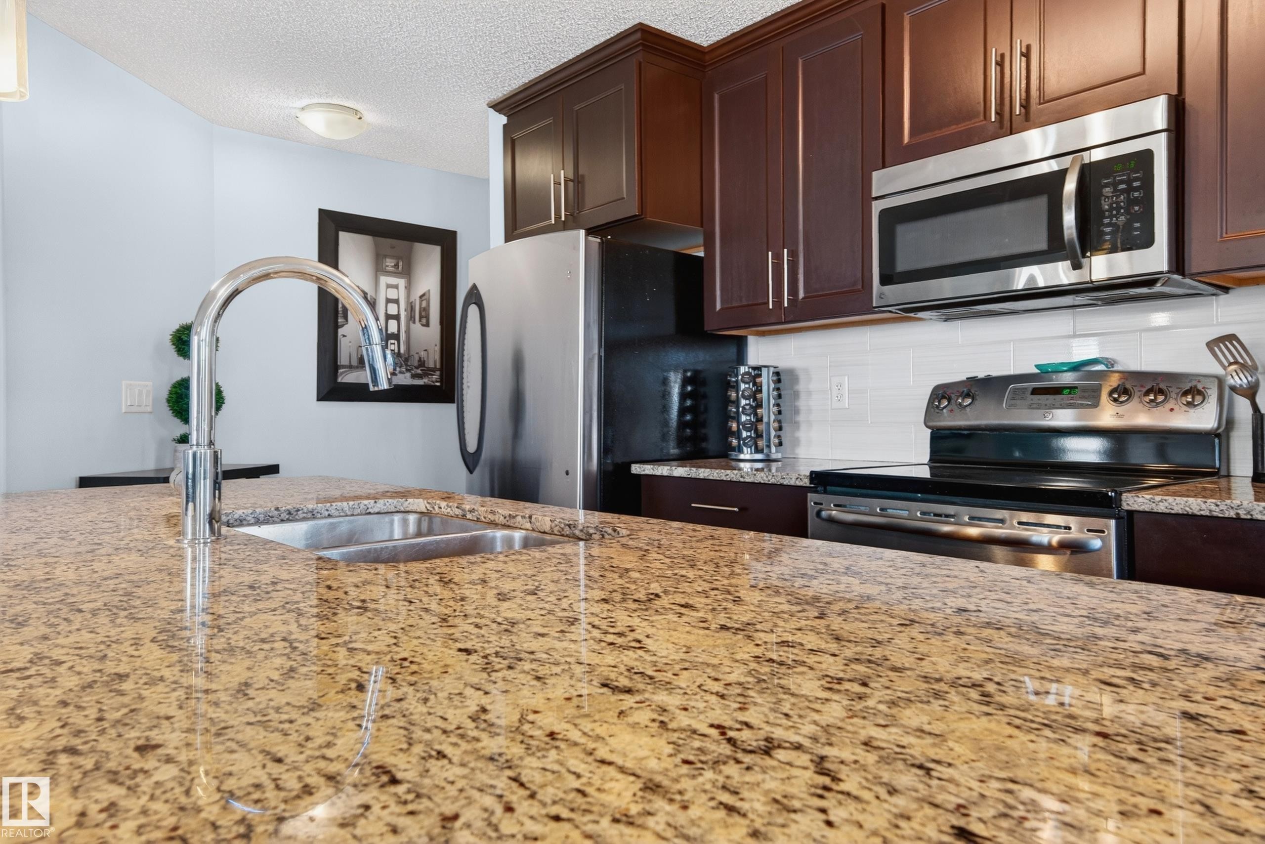 Granite countertops featuring an undermount sink and gooseneck faucet - 340 6076 Schonsee Way, Edmonton, AB - Indoor Photo Showing Kitchen With Stainless Steel Kitchen With Double Sink With Upgraded Kitchen