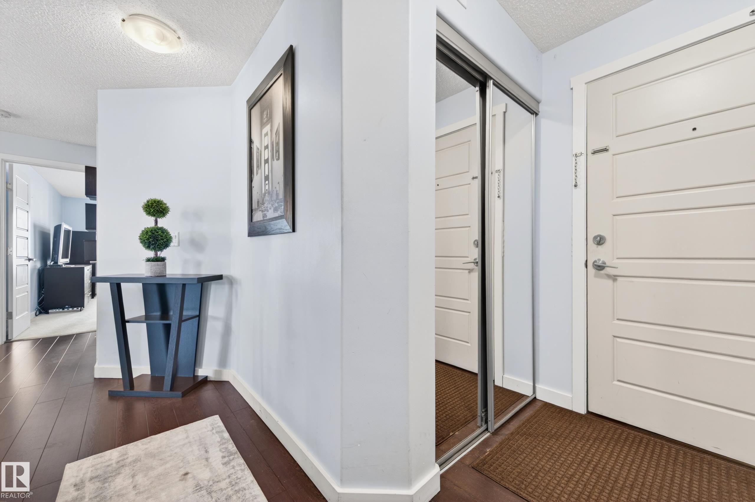 Entry foyer featuring wood-finish flooring, a contemporary overhead light fixture, and a white panel door with chrome hardware - 340 6076 Schonsee Way, Edmonton, AB - Indoor Photo Showing Other Room