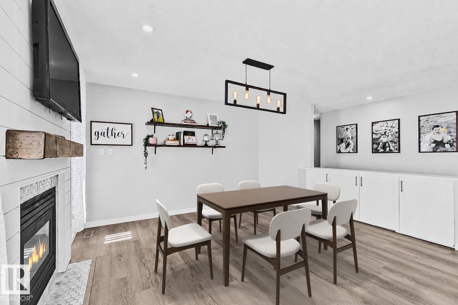 3205 41A Avenue, Edmonton, AB - Indoor Photo Showing Dining Room With Fireplace