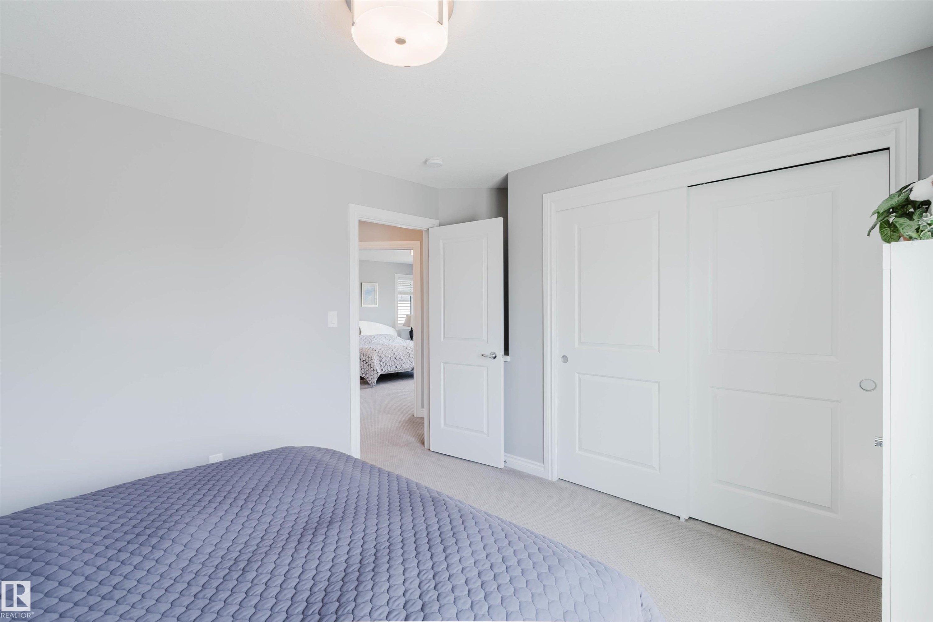 Bedroom featuring light gray wall paint, light-colored carpeting, and a flush-mount ceiling light fixture - 3571 Keswick Boulevard, Edmonton, AB - Indoor Photo Showing Bedroom