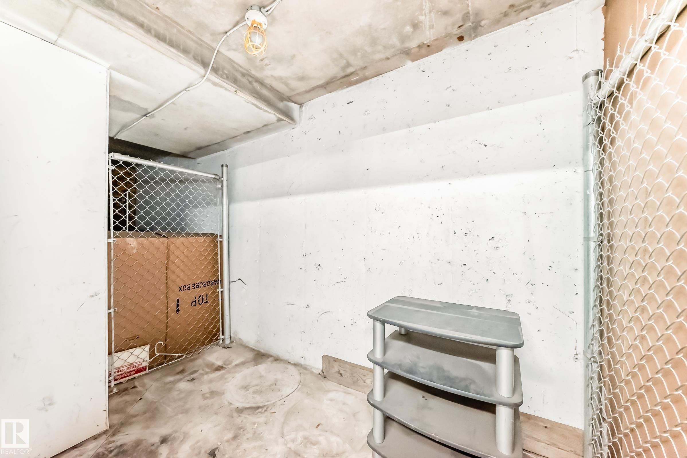 This property features a storage area with concrete flooring and exposed concrete ceiling, equipped with a chain-link fence partition - 101 530 Watt Boulevard, Edmonton, AB - Photo Showing Other Room