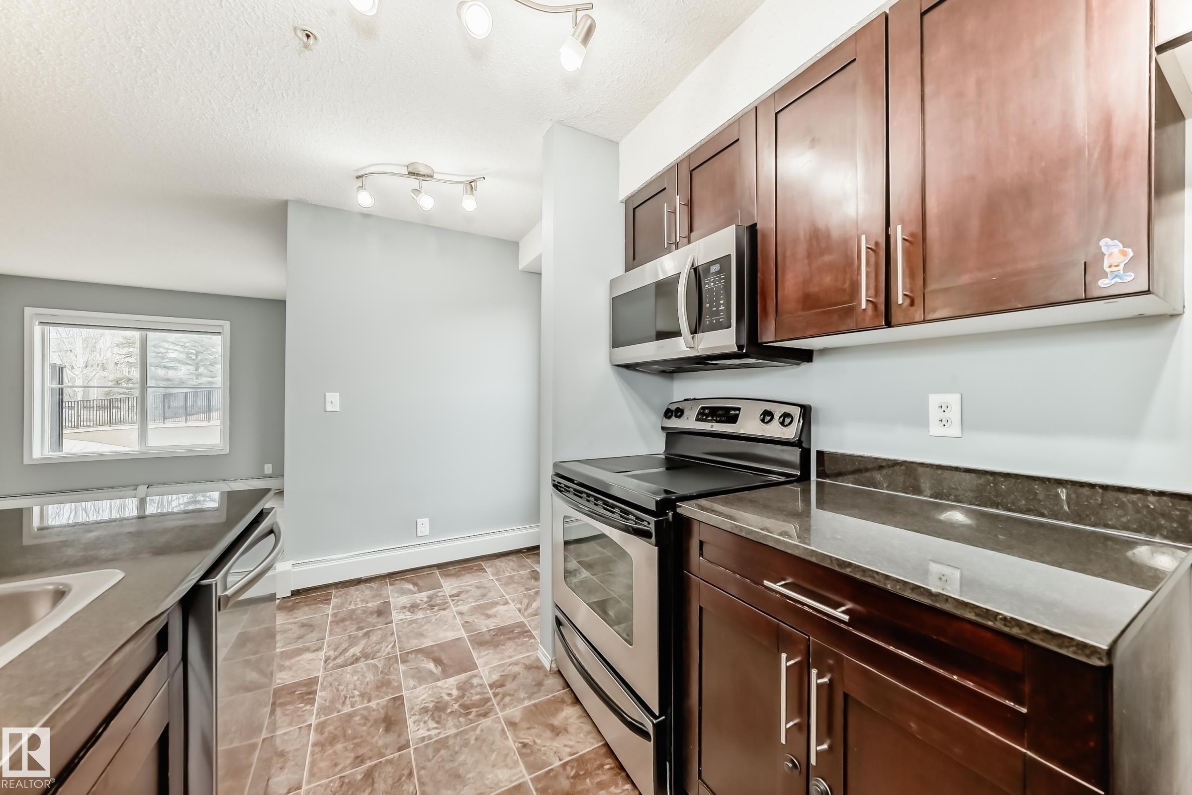 The kitchen features dark wood cabinetry, stainless steel appliances, and dark stone countertops - 101 530 Watt Boulevard, Edmonton, AB - Indoor Photo Showing Kitchen