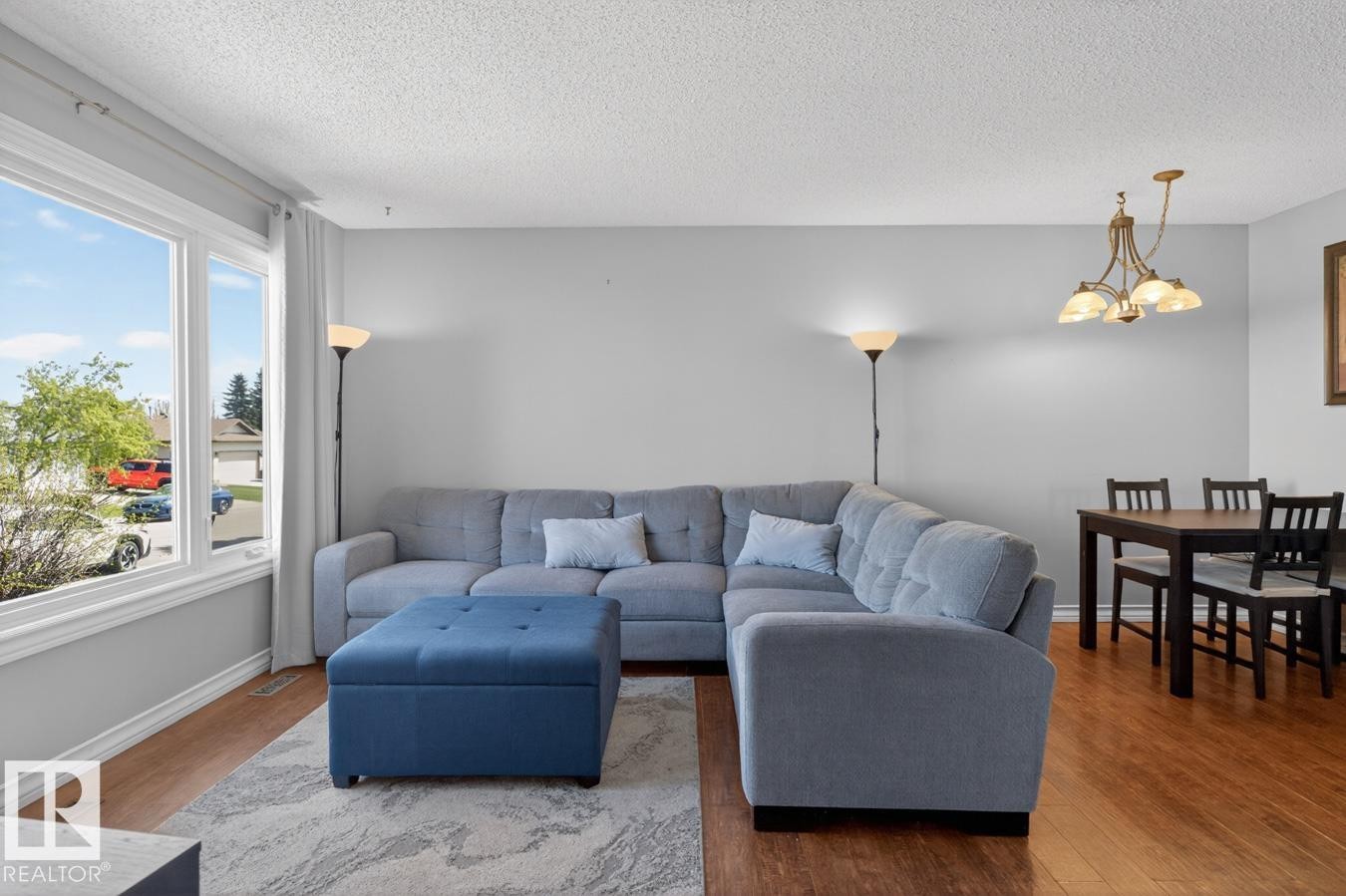 Living Room featuring large North Facing Windows, and ample space for cozy furniture and movie nights. - 18655 61 Avenue, Edmonton, AB - Indoor Photo Showing Living Room