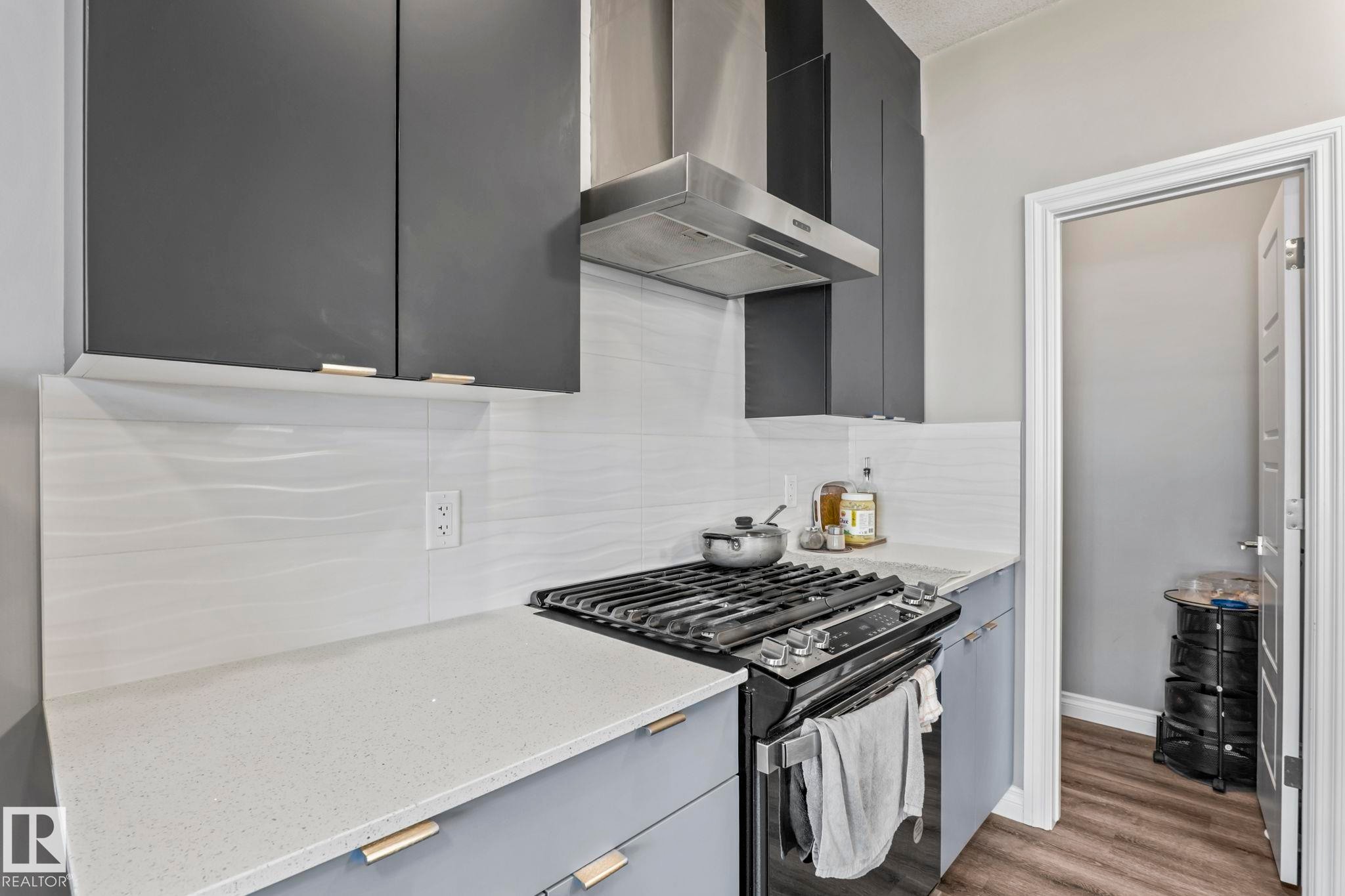 Modern kitchen featuring matte gray cabinetry with gold-tone hardware - 5142 23A Avenue, Edmonton, AB - Indoor Photo Showing Kitchen With Upgraded Kitchen