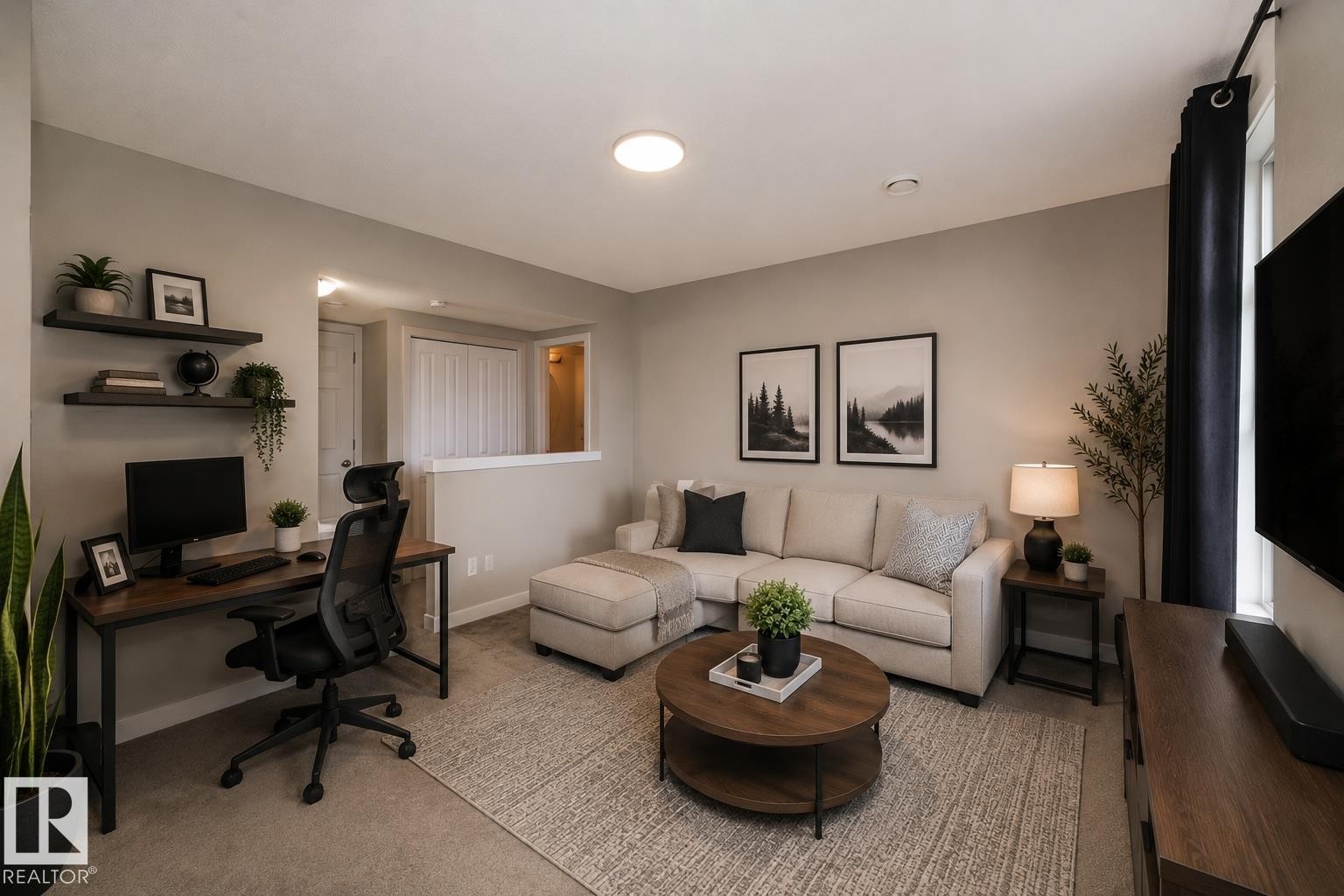 Open-concept living space featuring neutral wall tones and recessed lighting - 117 Callaghan Drive Sw, Edmonton, AB - Indoor Photo Showing Living Room