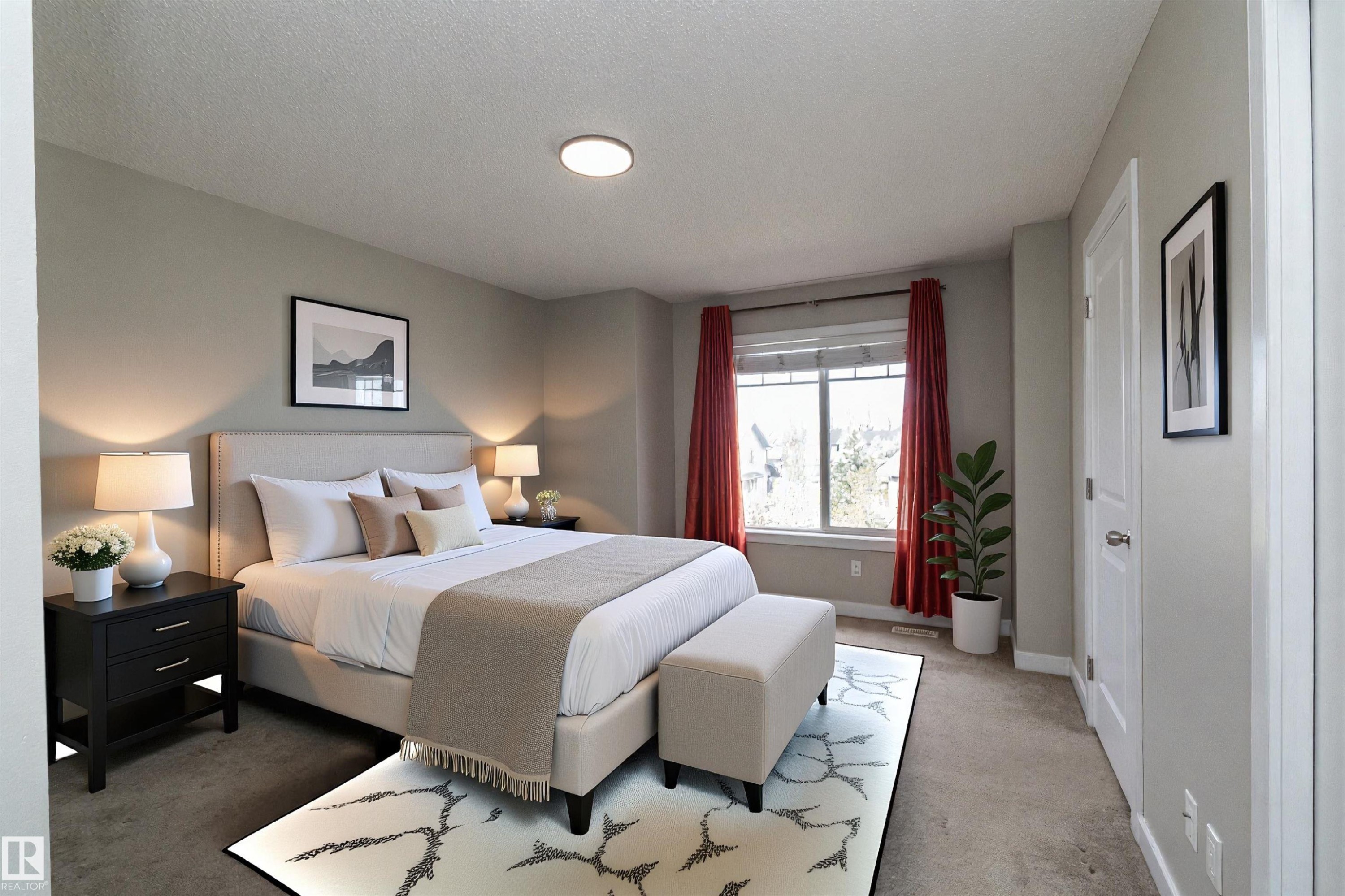 Bedroom featuring a neutral color palette, ceiling-mounted light fixture, window with red drapery, and a white six-panel interior door - 117 Callaghan Drive Sw, Edmonton, AB - Indoor Photo Showing Bedroom