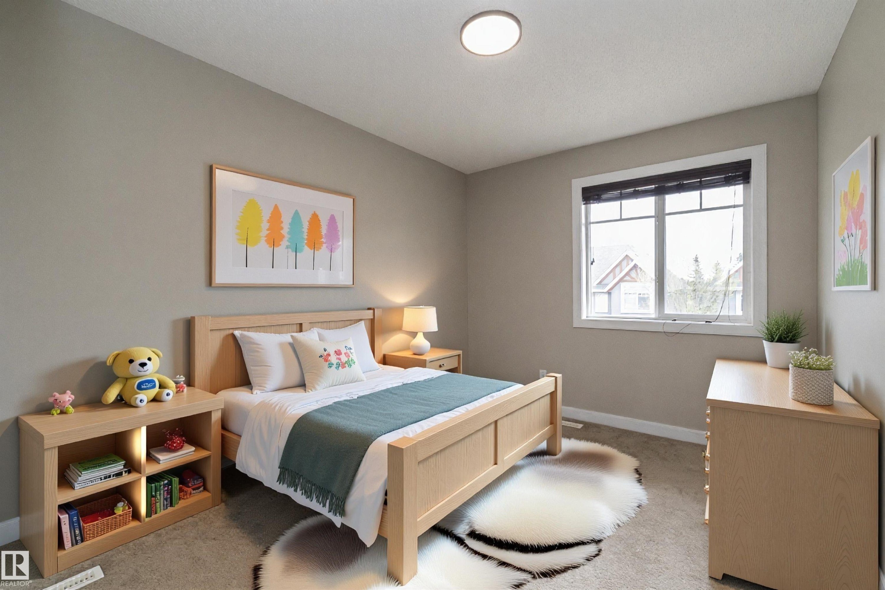 Neutral-toned bedroom featuring a light wood-finish bed frame, plush carpet flooring, a large window with white trim, and a ceiling-mounted light fixture - 117 Callaghan Drive Sw, Edmonton, AB - Indoor Photo Showing Bedroom