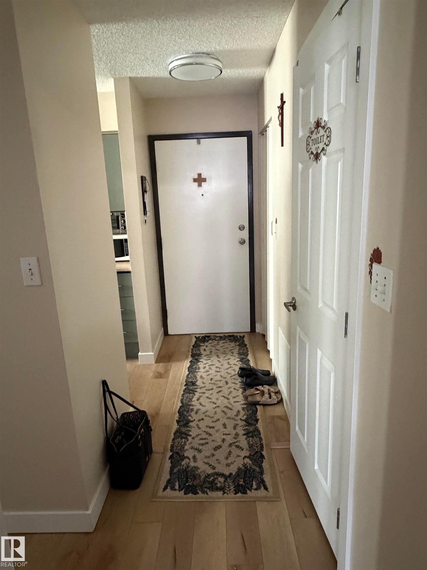 Entryway featuring light wood-finish flooring, a flush-mount ceiling fixture, and a solid core door with dark trim - 205 10604 110 Avenue Nw, Edmonton, AB - Indoor Photo Showing Other Room