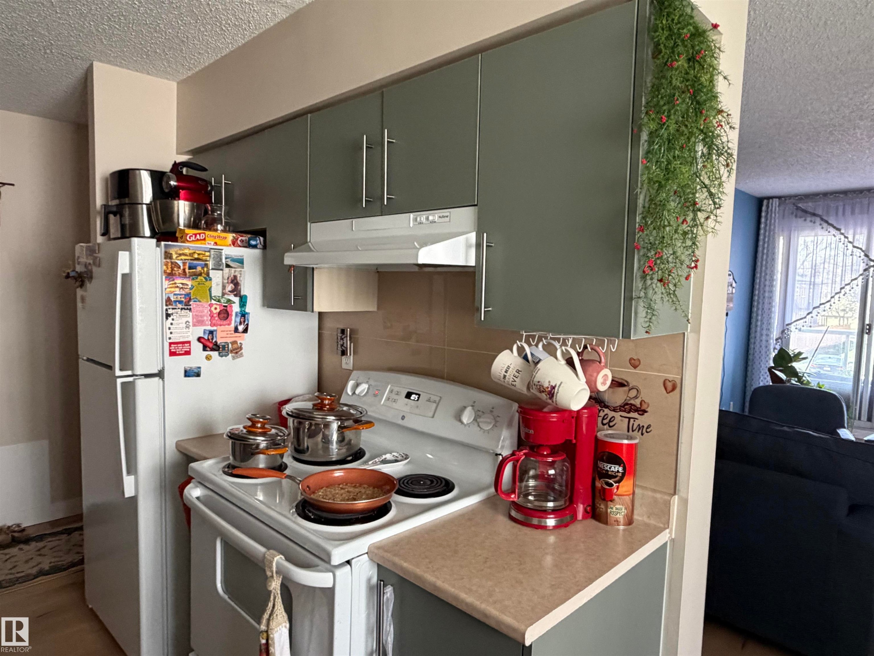 Compact kitchen area featuring a white electric range, light-toned countertops, and sage green upper and lower cabinetry with brushed nickel pulls - 205 10604 110 Avenue Nw, Edmonton, AB - Indoor Photo Showing Kitchen