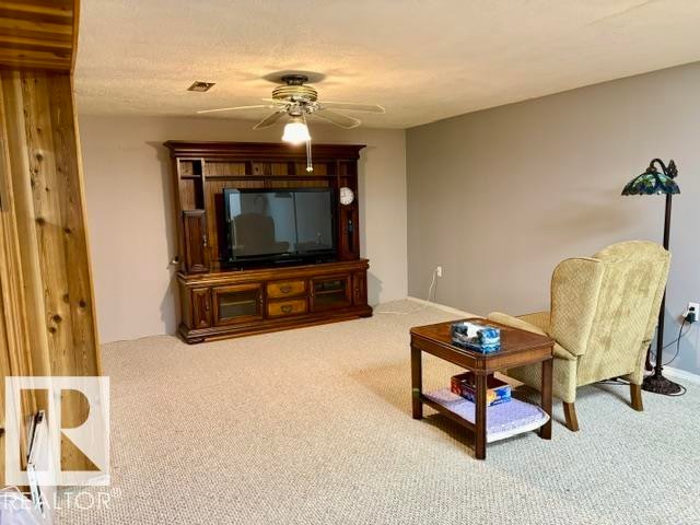 Wall-to-wall carpeting in a neutral tone, ceiling fan with integrated lighting, and a partial wood panel accent wall - 4805 53Ave, Willingdon, AB - Indoor