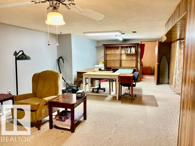 Spacious room featuring light-colored carpeting, light blue walls, and a wood-paneled accent wall - 4805 53Ave, Willingdon, AB - Indoor