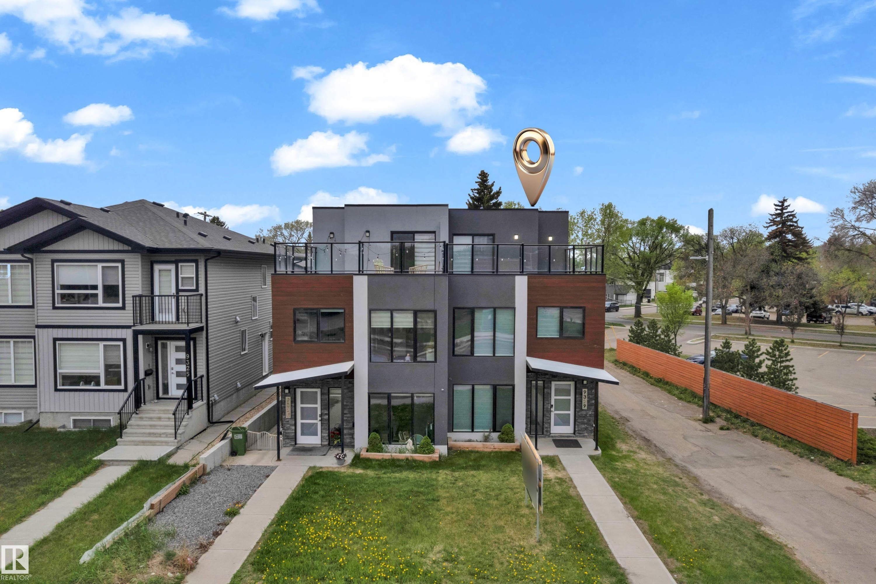 Modern duplex residence featuring a multi-level design with a rooftop terrace - 9329 Connors Road, Edmonton, AB - Outdoor With Facade
