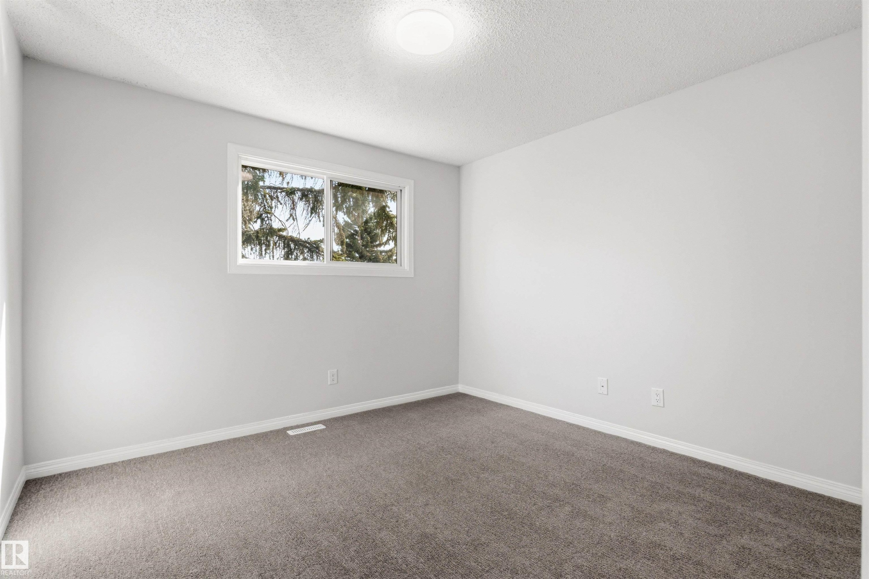 Neutrally-painted room with textured carpet flooring, a window with white trim, and a ceiling-mounted light fixture - 707 Clareview Road, Edmonton, AB - Indoor Photo Showing Other Room