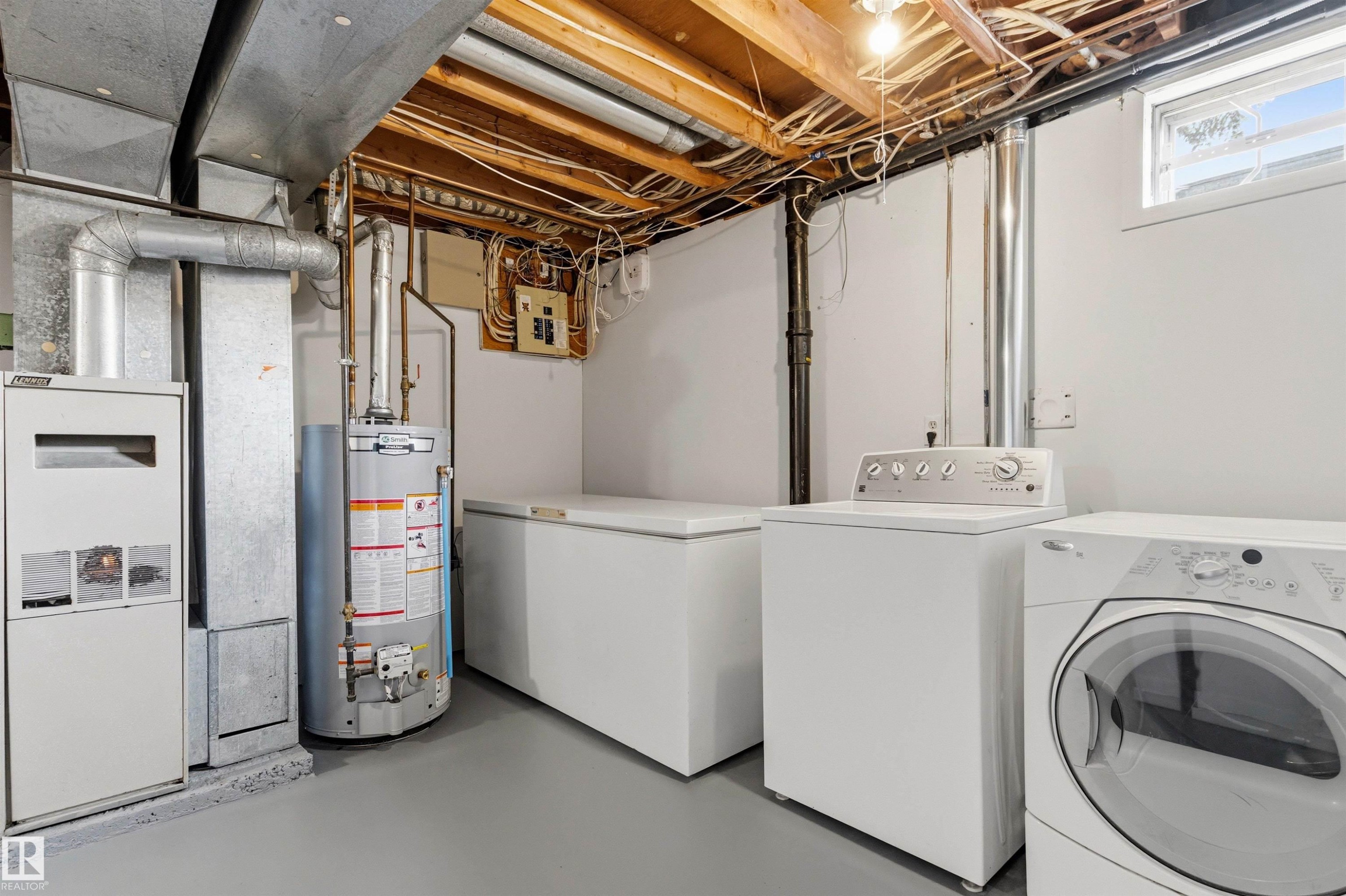 Utility space featuring painted concrete flooring and exposed ceiling joists - 707 Clareview Road, Edmonton, AB - Indoor Photo Showing Laundry Room