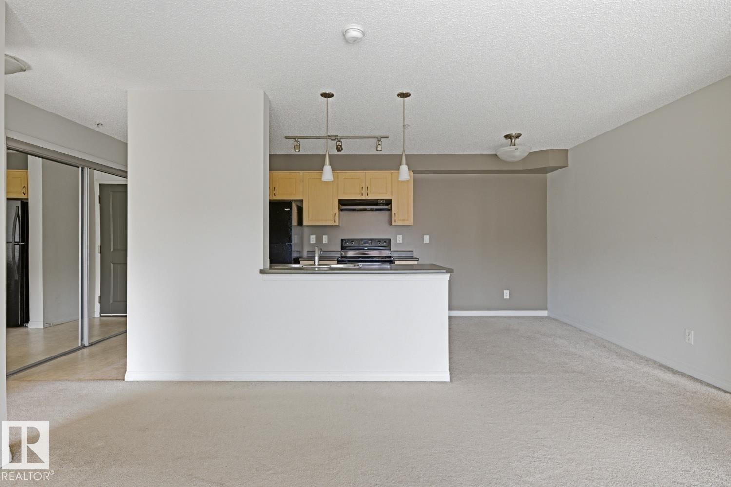 Open-concept living area with neutral carpeting and a kitchen pass-through - #312 13908 136 St Nw, Edmonton, AB - Indoor Photo Showing Kitchen