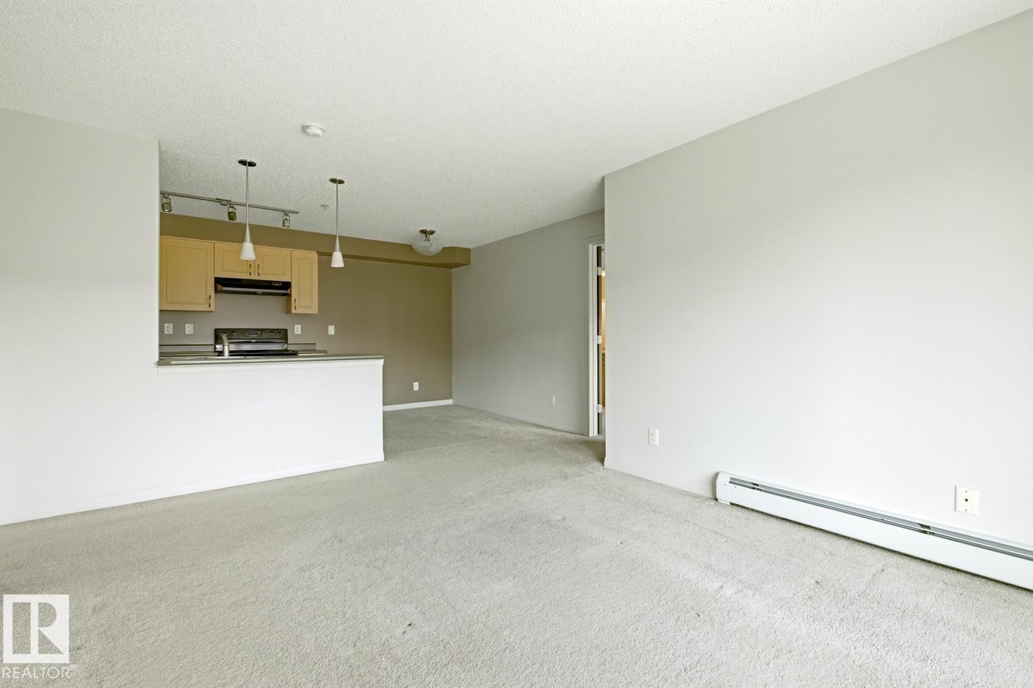 Open-concept living space featuring light-toned carpeting, a kitchen with light wood cabinetry, track lighting, and pendant fixtures - #312 13908 136 St Nw, Edmonton, AB - Indoor Photo Showing Kitchen