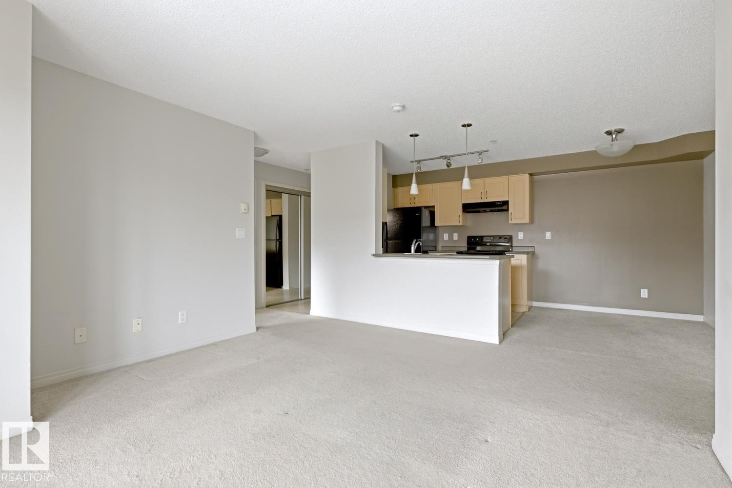 Open-concept living area featuring light-toned carpeting and neutral wall finishes - #312 13908 136 St Nw, Edmonton, AB - Indoor Photo Showing Kitchen
