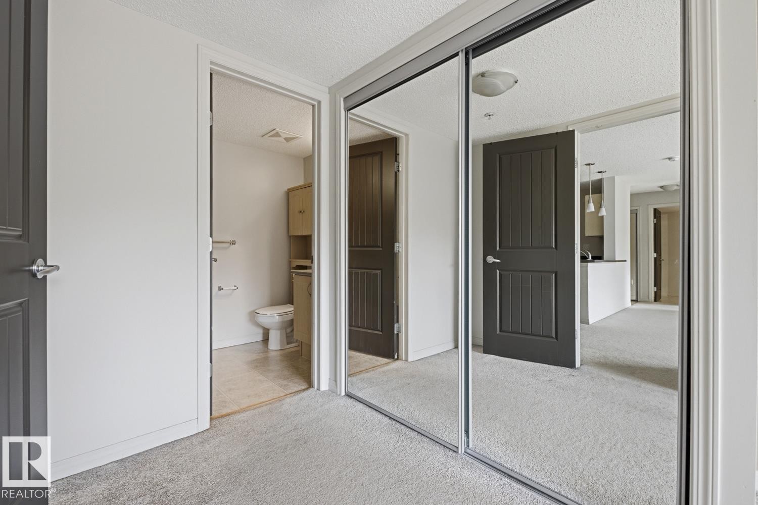 Mirrored closet doors providing visual expansion - #312 13908 136 St Nw, Edmonton, AB - Photo Showing Other Room
