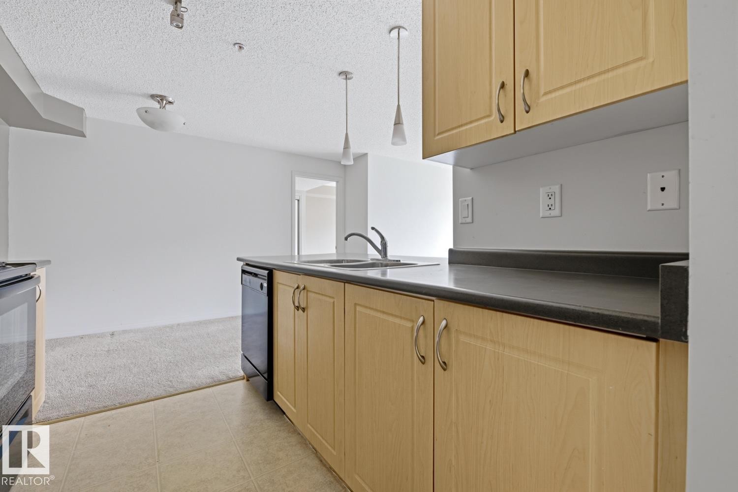Kitchen featuring light wood-finish cabinetry, dark countertops, and a stainless steel sink - #312 13908 136 St Nw, Edmonton, AB - Indoor Photo Showing Kitchen With Double Sink
