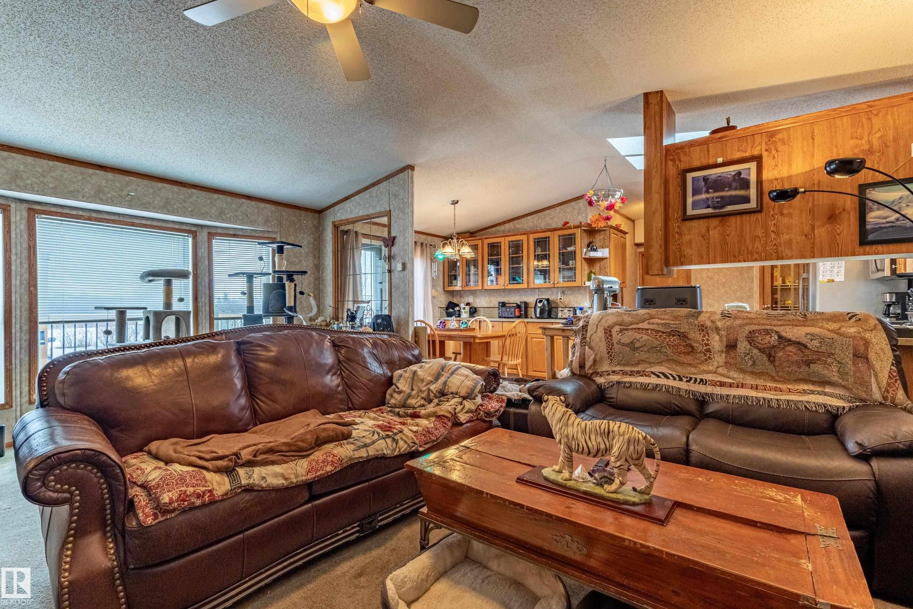 Open concept living area featuring a vaulted ceiling and skylights - 1529 Range Road 272 Rural Parkland County, Alberta, Rural Parkland County, AB - Indoor Photo Showing Living Room