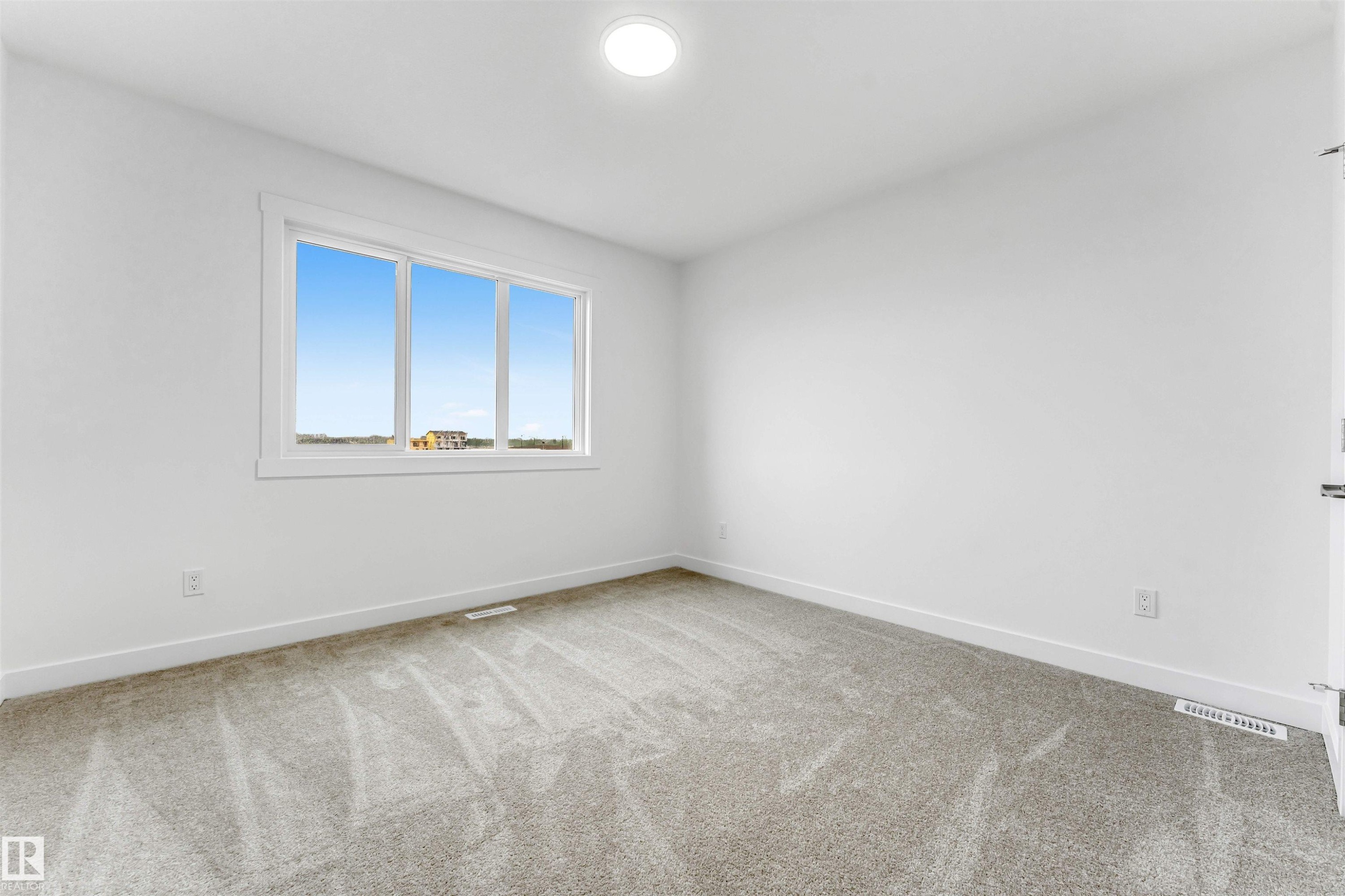 Bright room featuring a triple-pane window, neutral carpet flooring, white walls, white trim, and a ceiling-mounted light fixture - 1972 210 Street, Edmonton, AB - Indoor Photo Showing Other Room