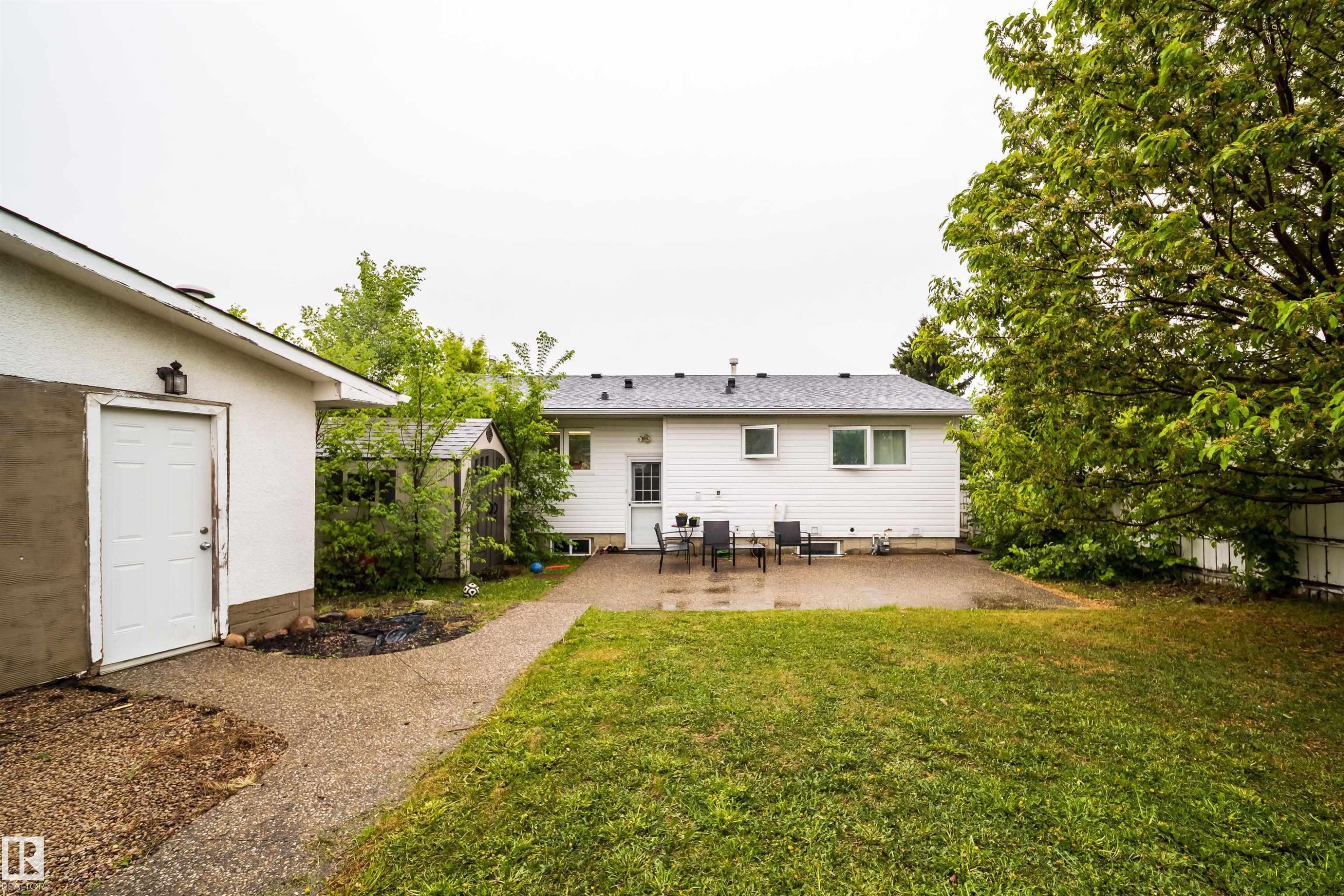 Expansive backyard featuring a large concrete patio, a detached auxiliary building with an exterior door, and mature perimeter trees - 8512 142A Avenue, Edmonton, AB