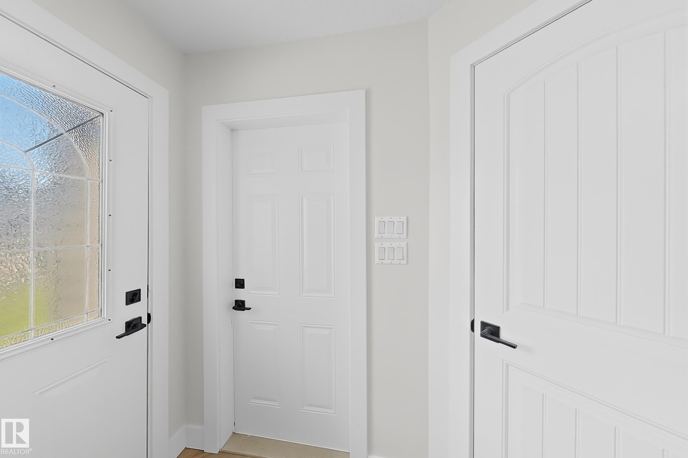 Entryway featuring a white door with decorative glass, a paneled interior door, and matte black hardware throughout - 6144 166 Avenue, Edmonton, AB