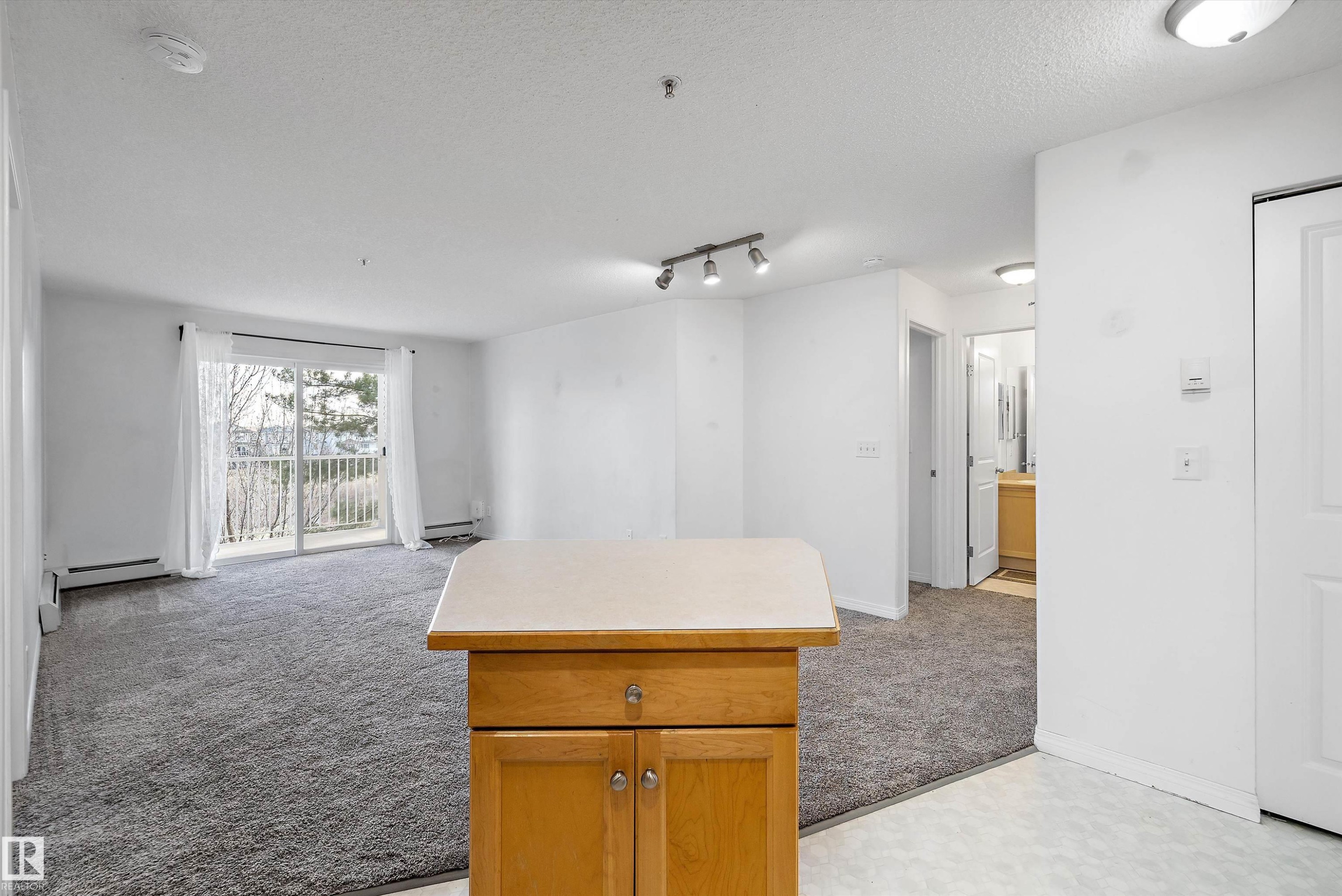 Open-concept living space featuring a sliding glass door to a private balcony, track lighting, and soft gray carpeting - 320 245 Edwards Drive, Edmonton, AB