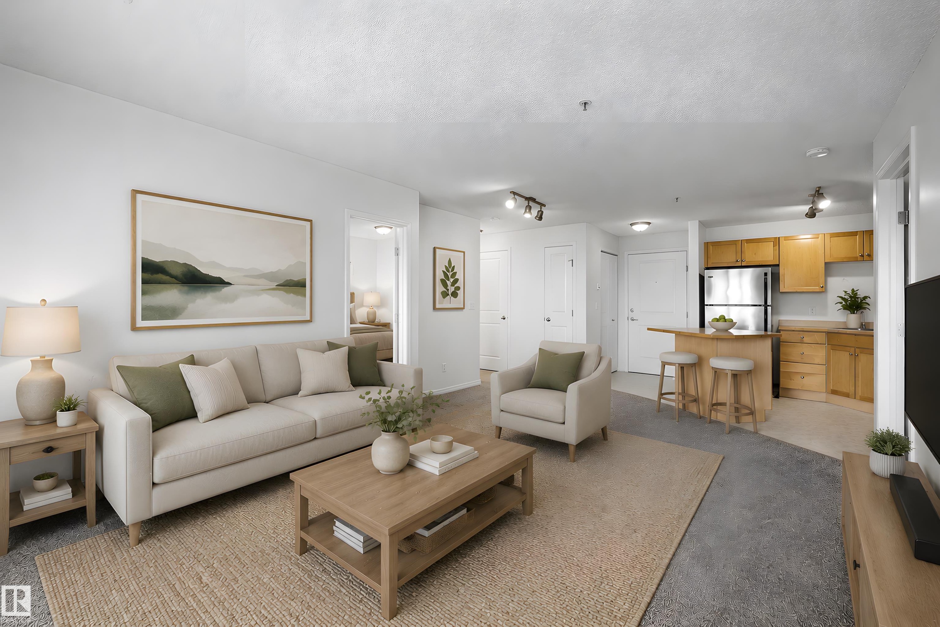 Open-concept living space featuring a combination of carpet and hard-surface flooring - 320 245 Edwards Drive, Edmonton, AB