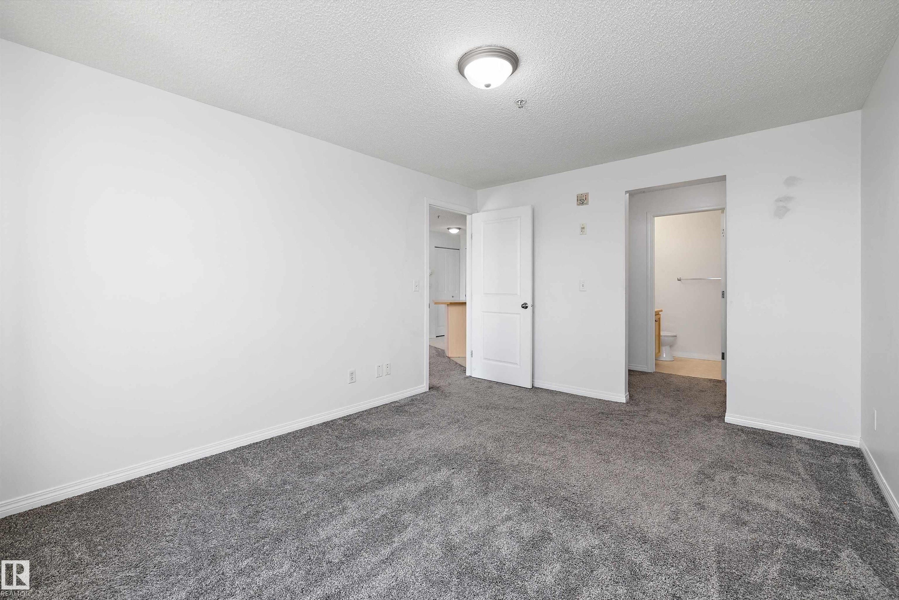 Spacious room featuring neutral white walls, plush gray carpeting, white baseboards, and a semi-flush mount ceiling light fixture - 320 245 Edwards Drive, Edmonton, AB