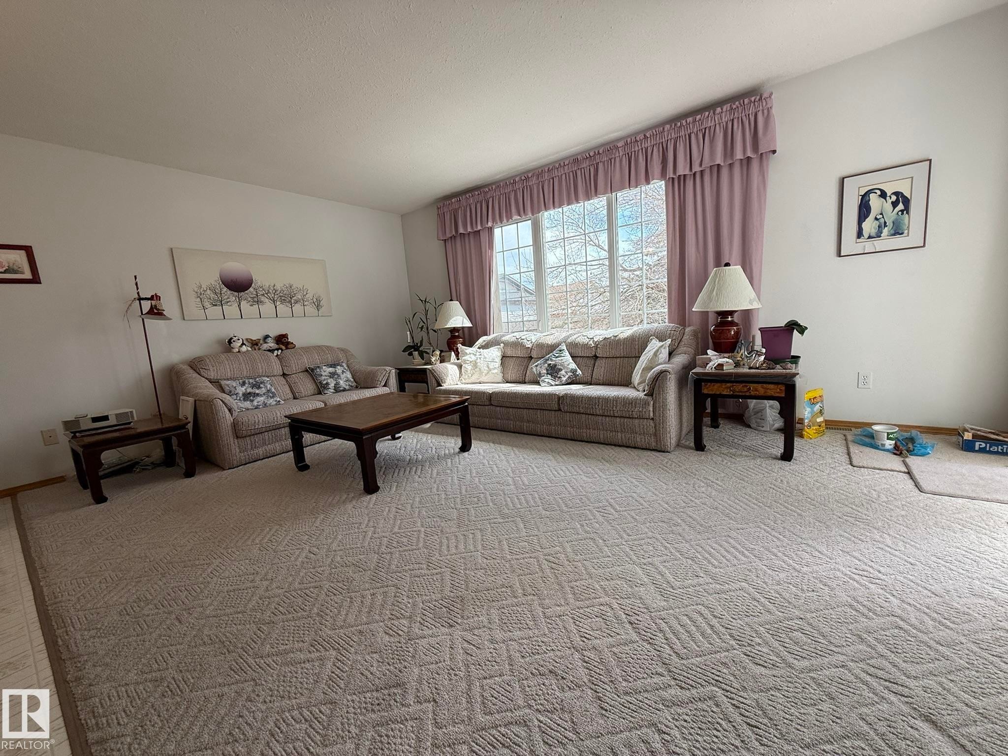 Living room featuring patterned carpet flooring, white walls, and a large window with privacy drapes - 102 4610 50 Avenue, Stony Plain, AB