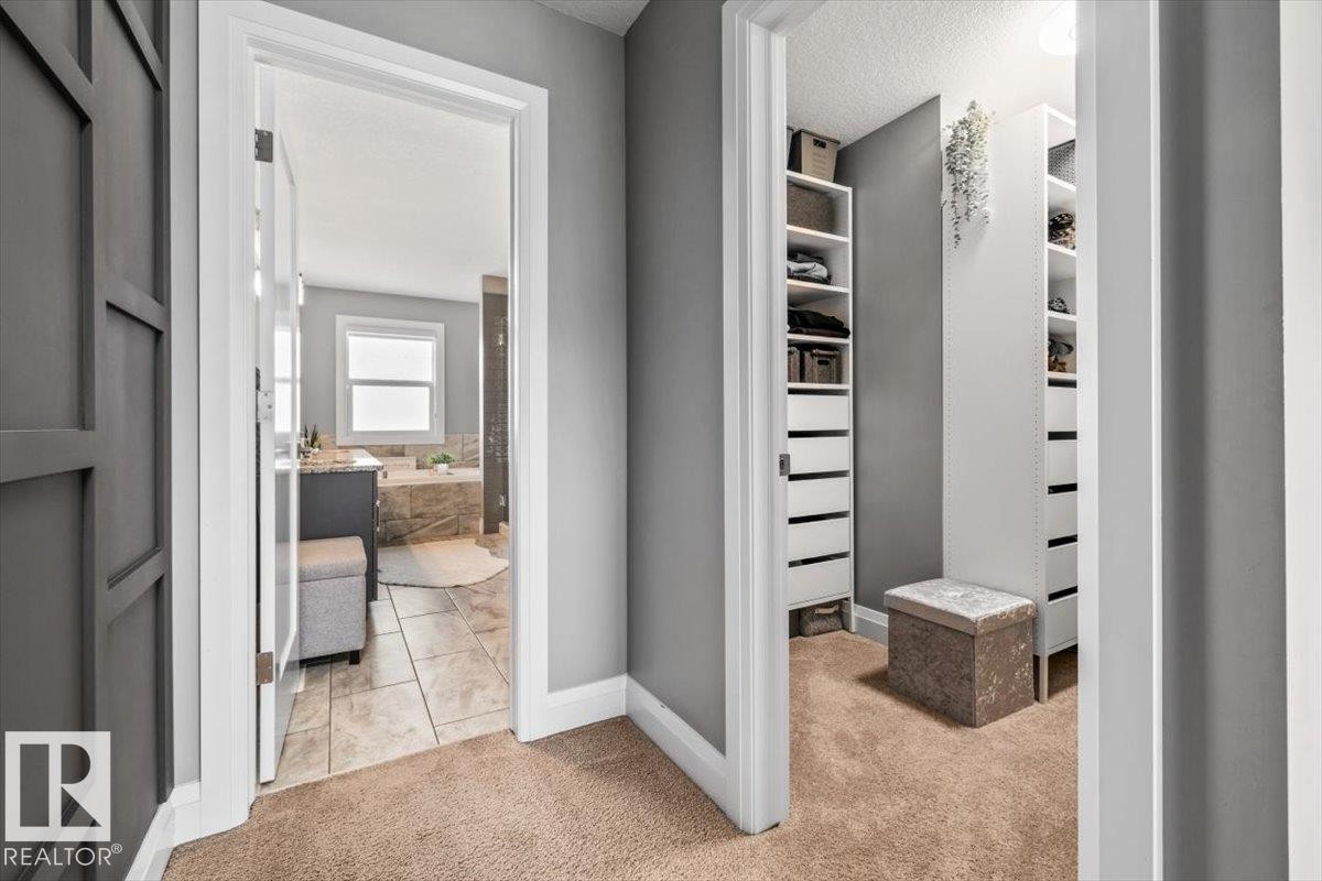 Hallway featuring panel accent wall and carpet flooring, walk in closet with built-in shelving units - 54 Spring Gate, Spruce Grove, AB