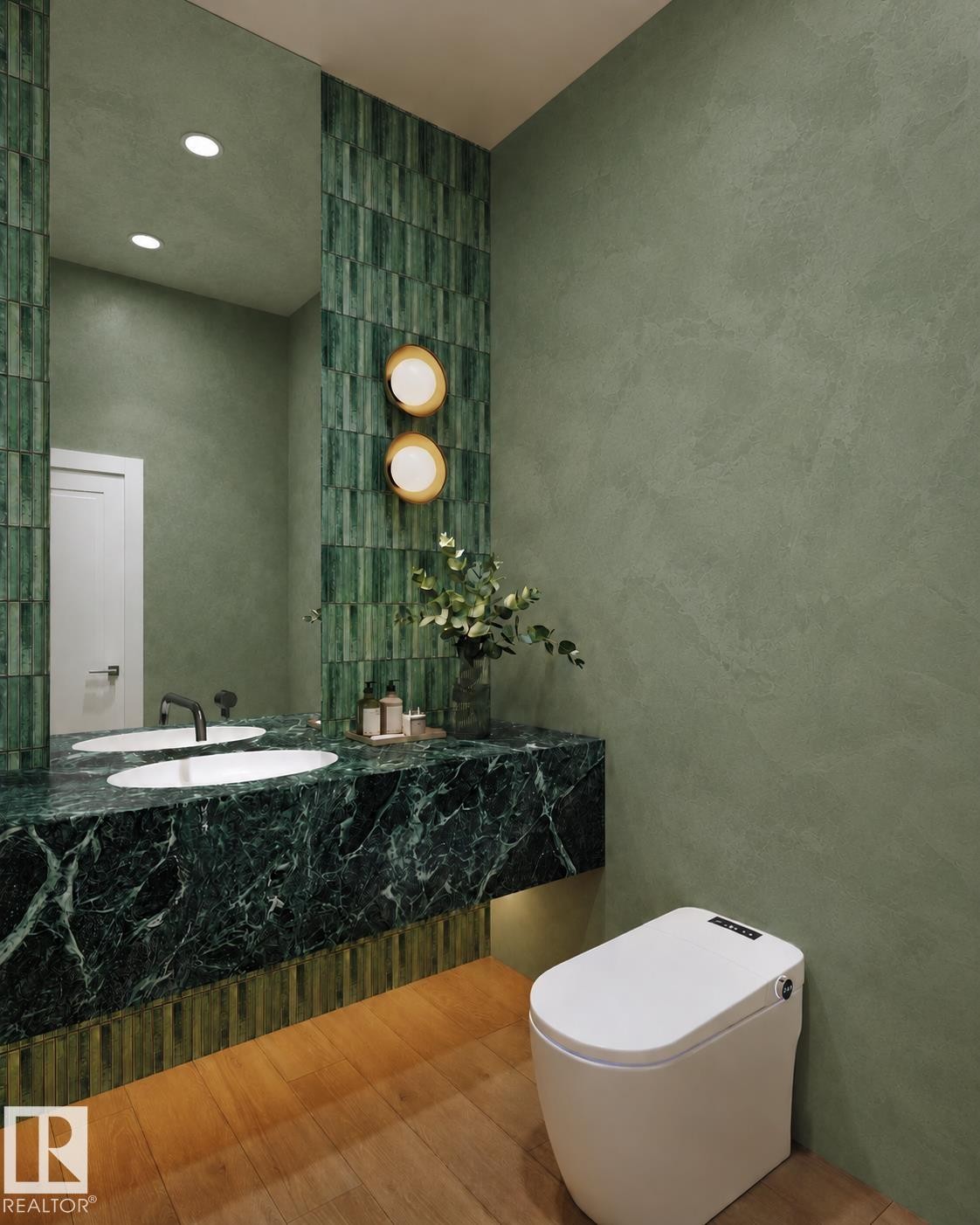 Bathroom vanity featuring a dark green marbled countertop with dual undermount sinks and matte black faucets - 9243 148 Street, Edmonton, AB