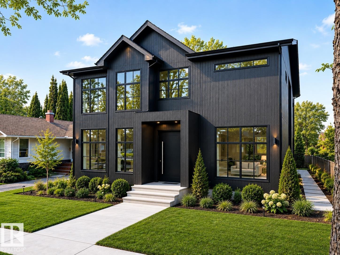 Modern black vertical siding exterior with prominent gabled roofline - 9243 148 Street, Edmonton, AB