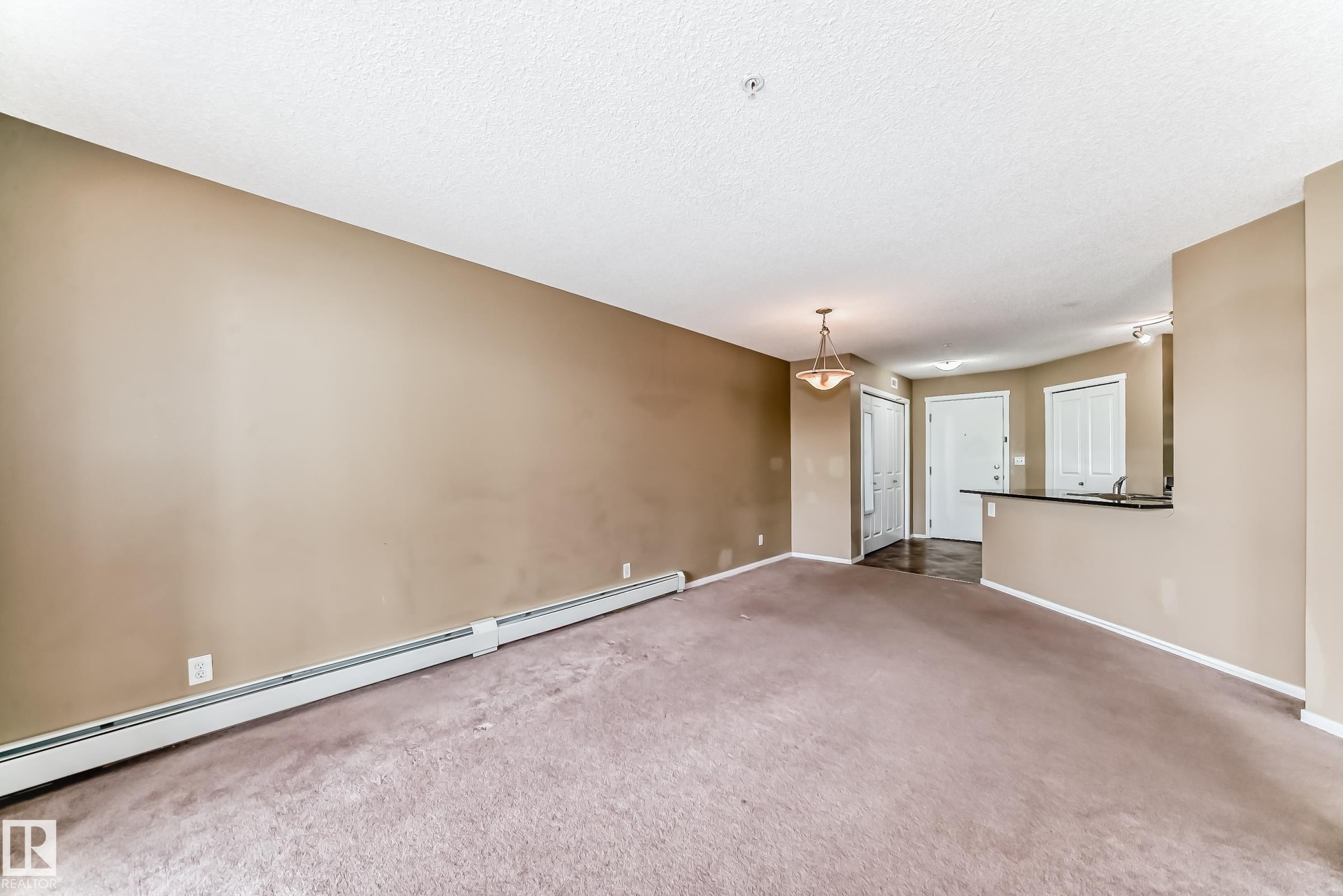 Spacious living area featuring neutral-toned walls, textured ceiling, and baseboard heating - 215 1510 Watt Drive, Edmonton, AB