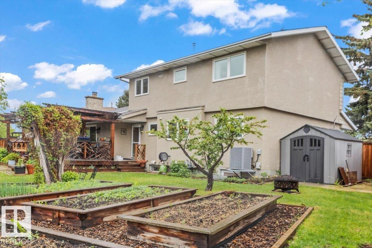 Expansive backyard featuring multiple raised garden beds, a spacious wooden deck with pergola, and a detached storage shed - 6720 29 Avenue, Edmonton, AB