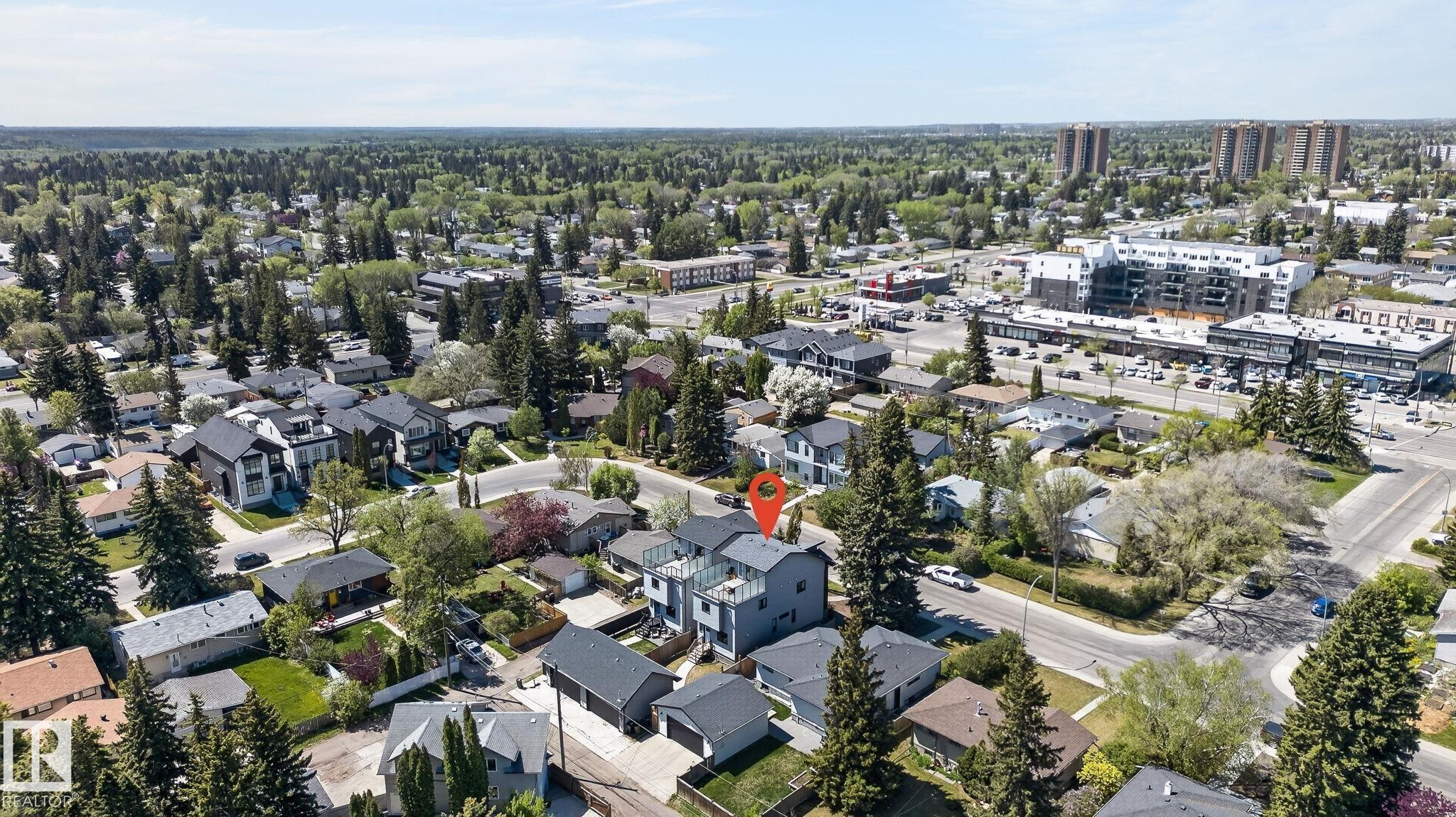 Aerial representation of the property situated within a tree-lined residential area - 8809 148 Street, Edmonton, AB - Outdoor With View