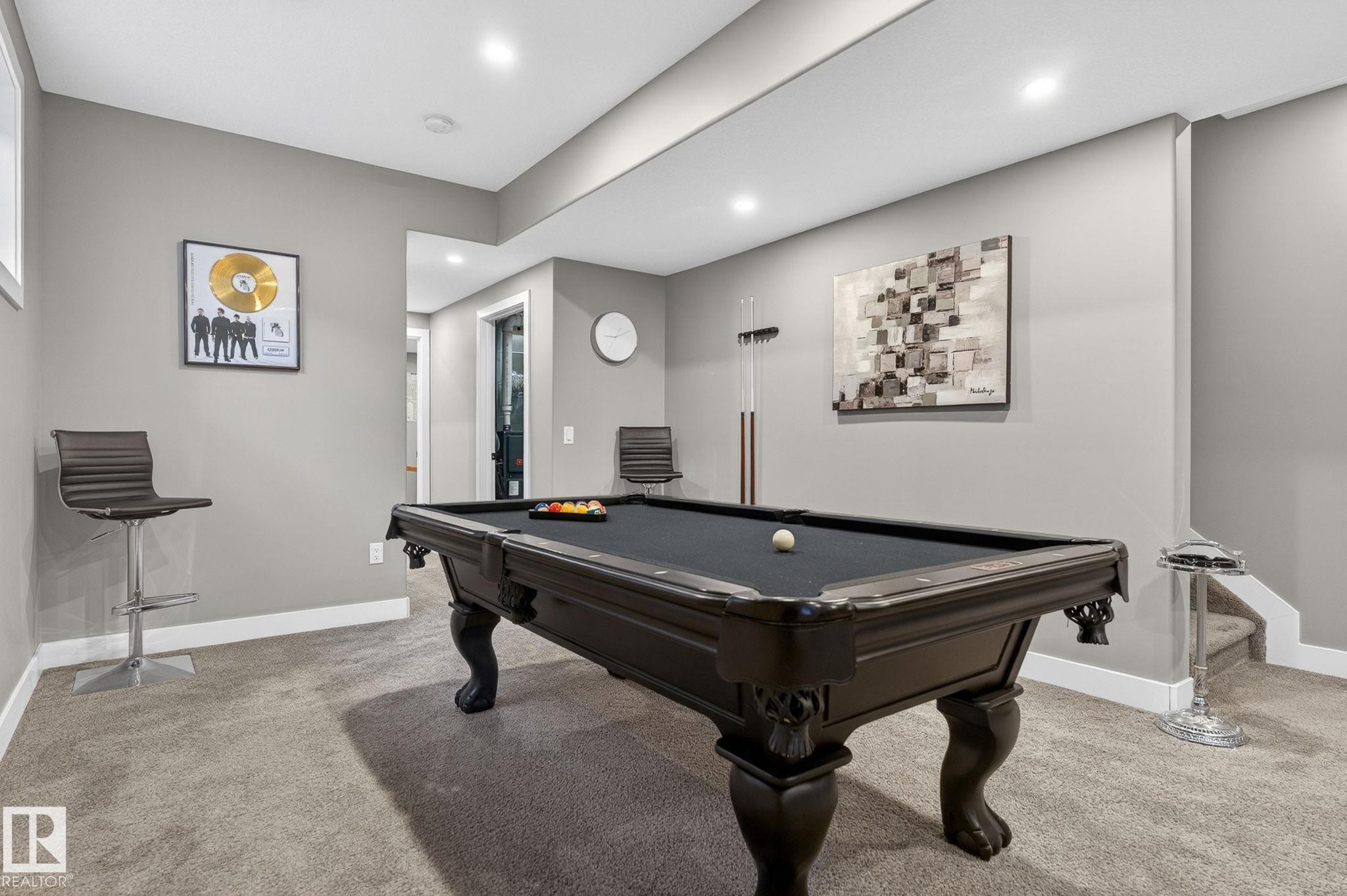 Recreational room featuring a dark-toned billiard table with a black felt surface, recessed lighting, and light gray wall paint - 8809 148 Street, Edmonton, AB - Indoor Photo Showing Other Room
