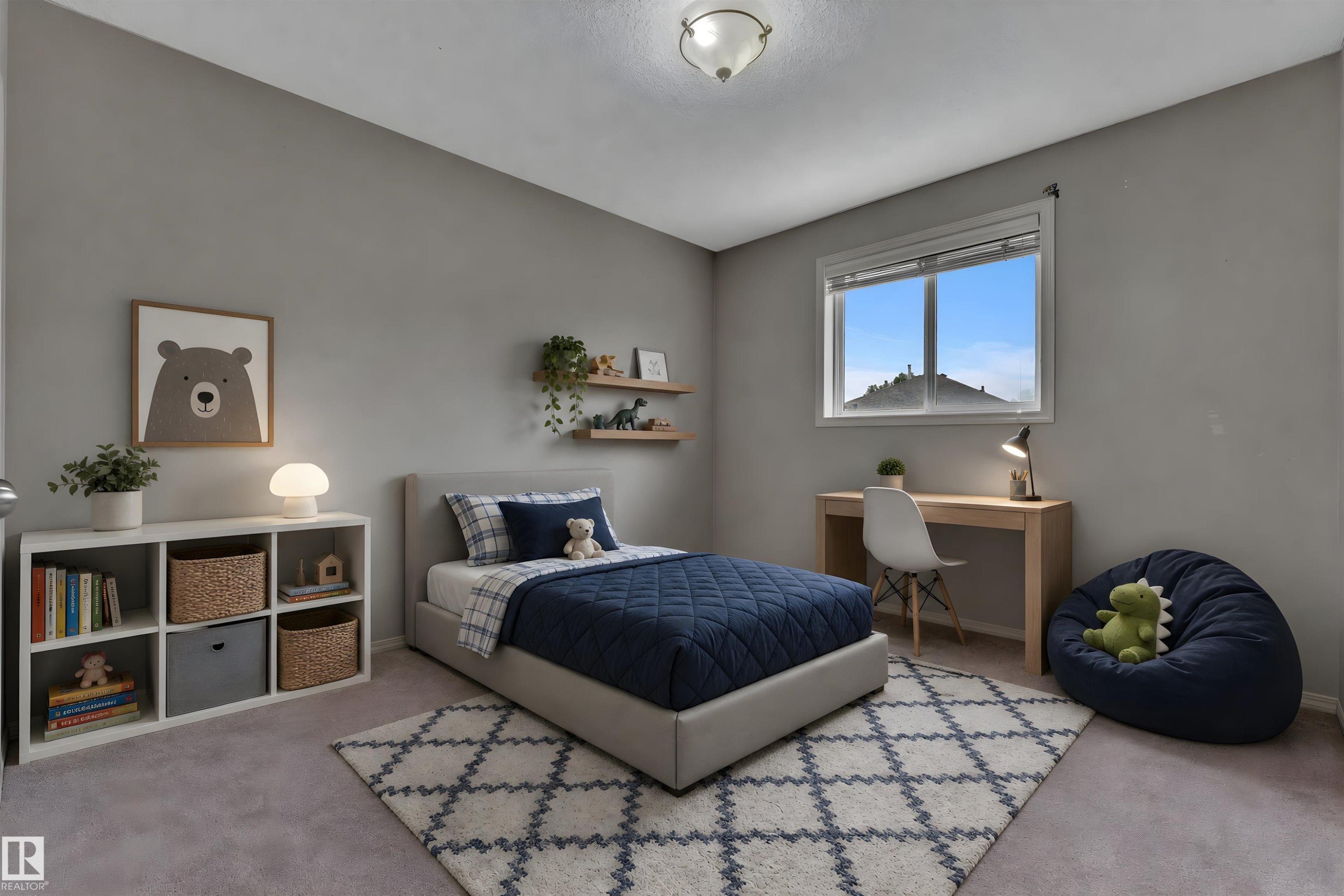 Carpeted bedroom featuring a window with white trim, light gray walls, built-in overhead lighting, and a neutral color palette - 14031 136 Street, Edmonton, AB