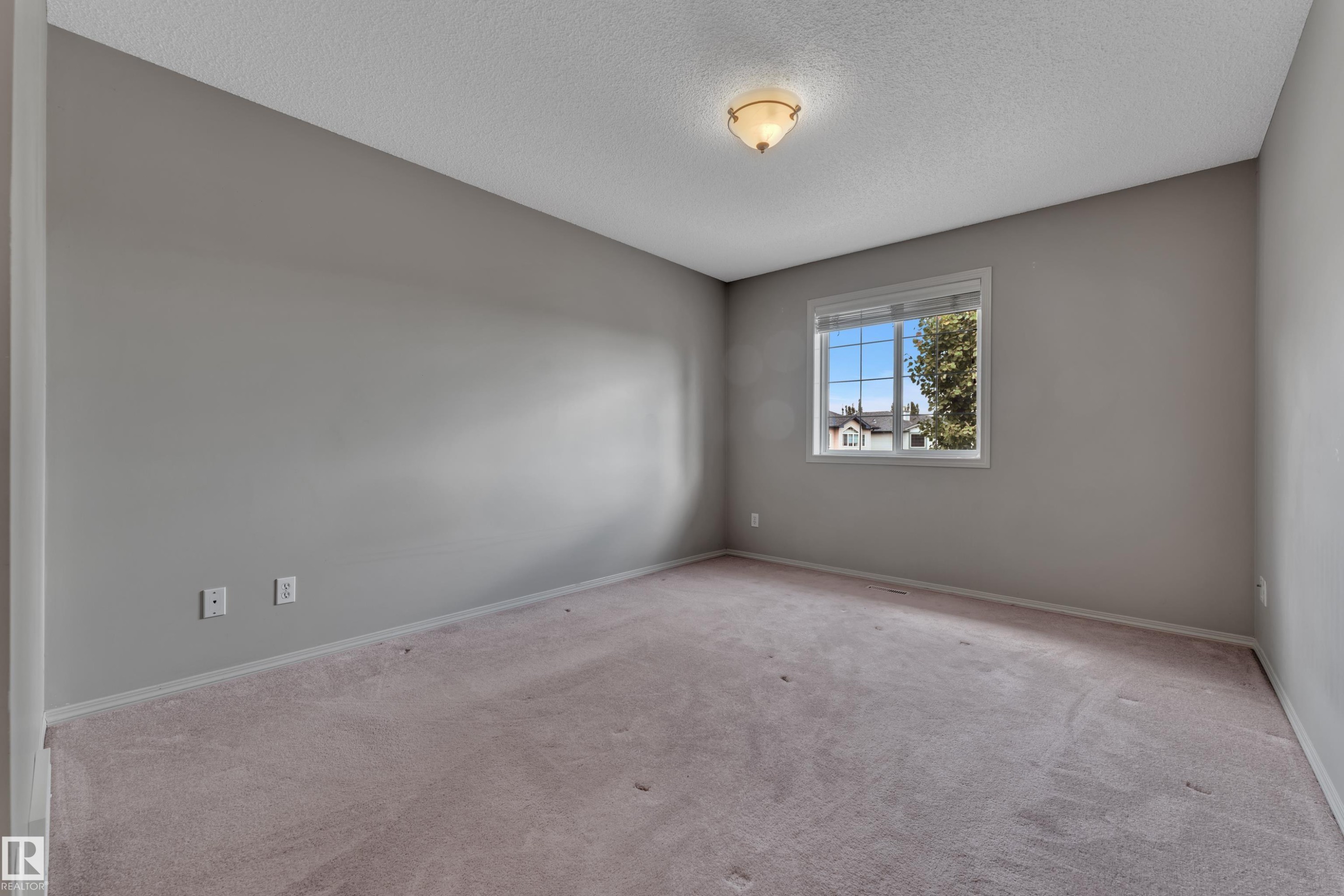 Neutral-toned room featuring a single window with white trim, a flush-mount ceiling light, and wall-to-wall carpeting - 14031 136 Street, Edmonton, AB