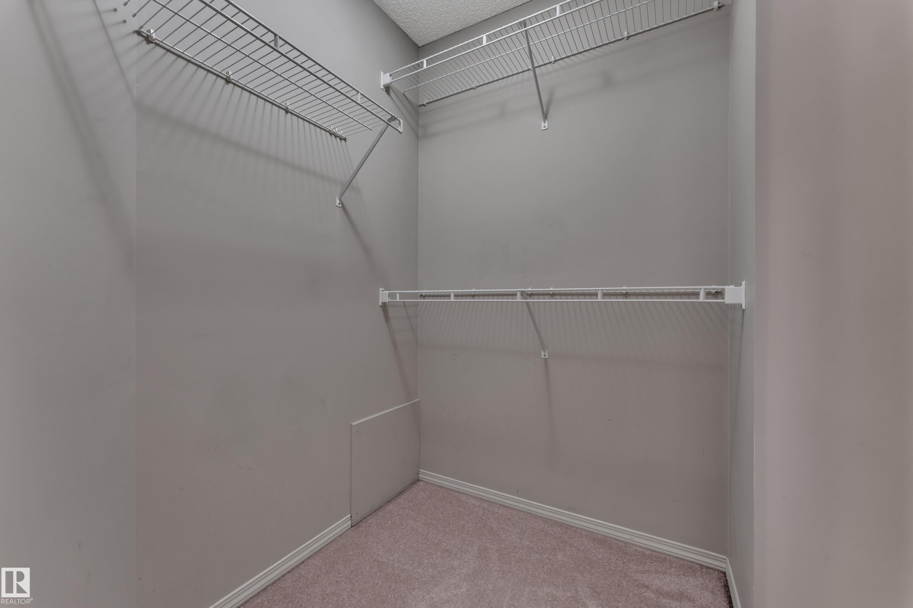 Walk-in closet featuring wire shelving, wire hanging rods, neutral wall color, and carpet flooring - 14031 136 Street, Edmonton, AB