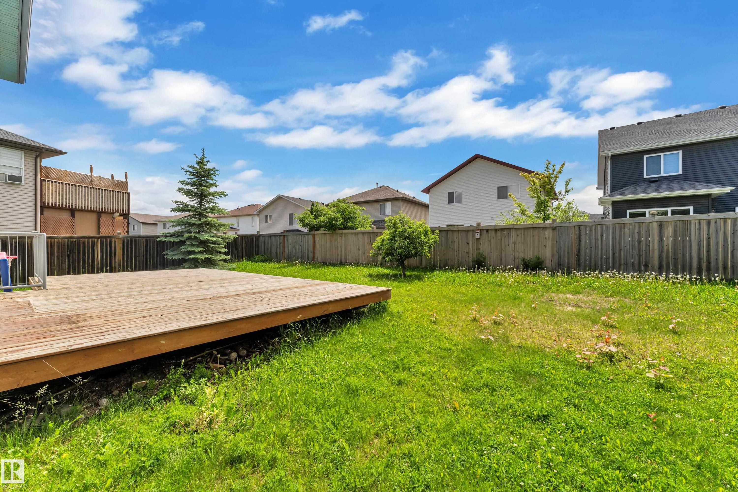 Expansive backyard featuring a large wooden deck, mature evergreen tree, and full privacy fencing - 14031 136 Street, Edmonton, AB