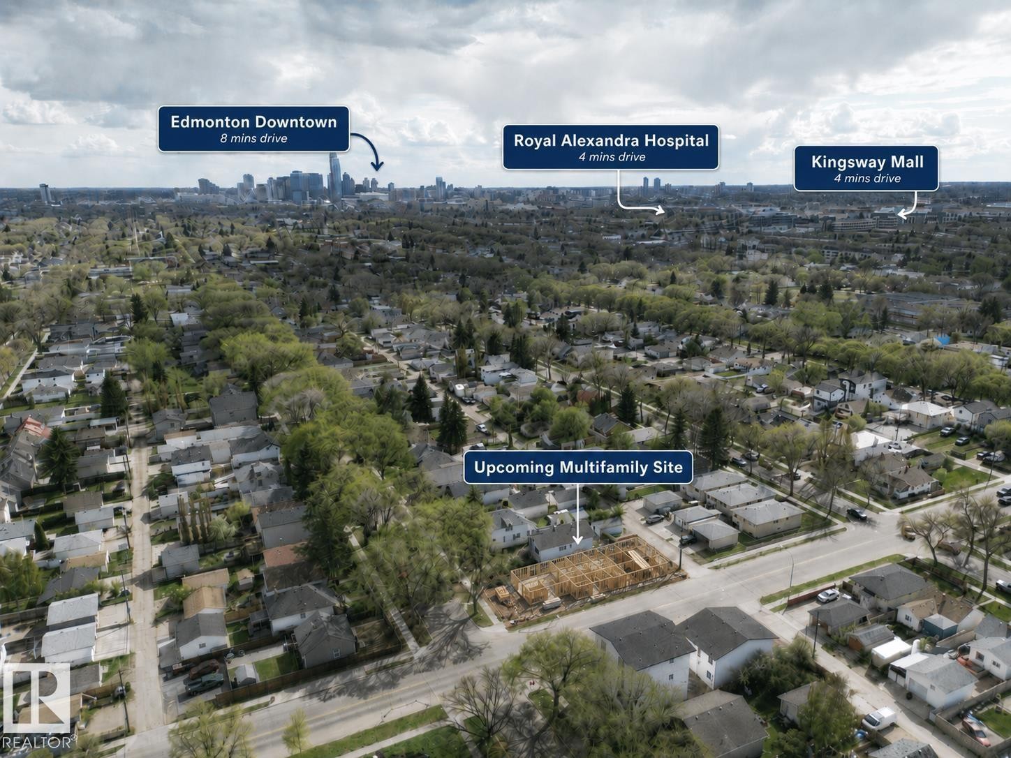 Aerial perspective highlighting an upcoming multifamily site - 12160 93 Street Nw, Edmonton, AB